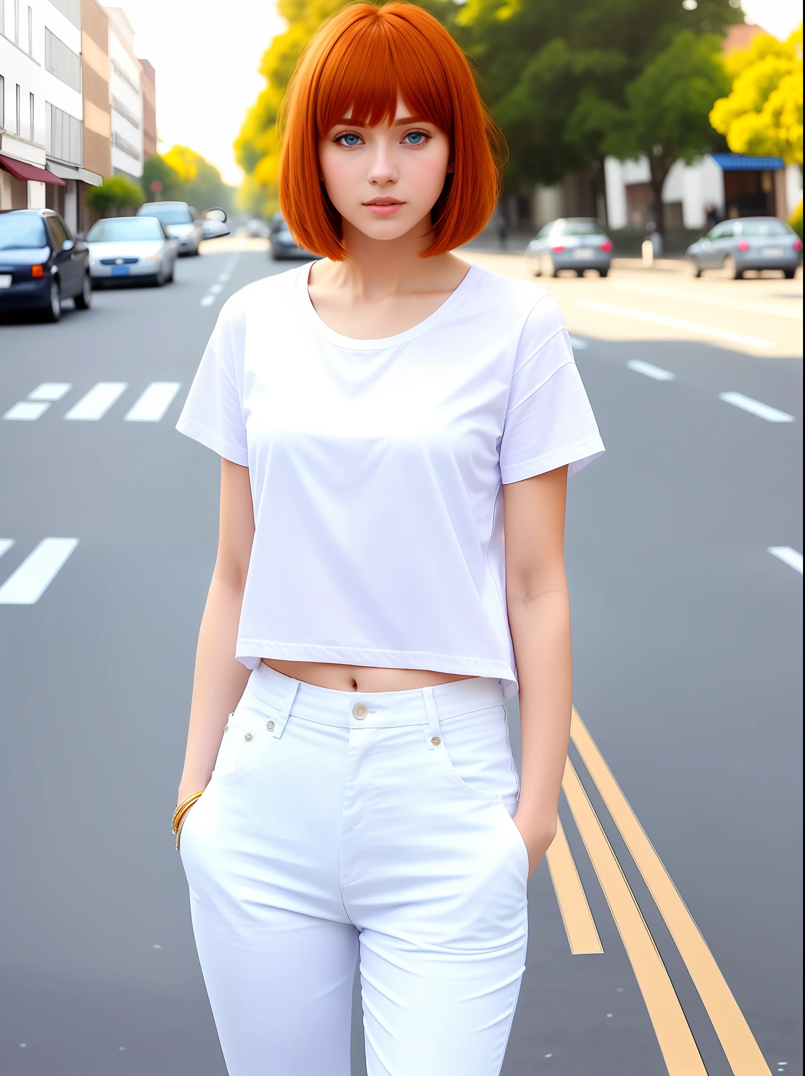 Beautiful women, beautiful eye, wearing long white shirt, blue pants, converse shoe, standing on the street , bangs , bob cut , ginger hair, shiny , light and dark, best quality, photorealistic looking viewer