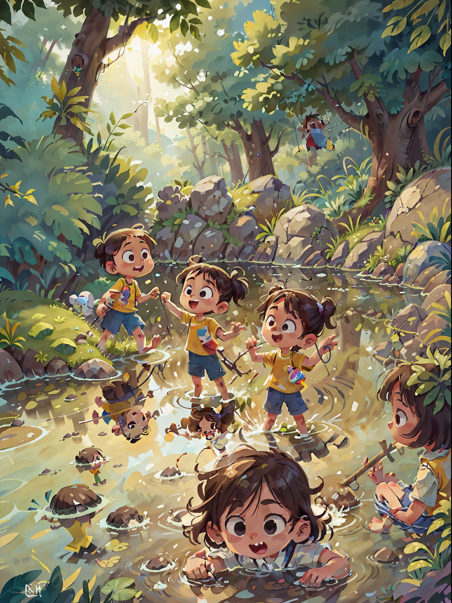 Poster design, (SFW), a group of children playing in the river, summer, happy, water fight, background is interspersed with rivers, perfect quality, clear focus, colorful, perfect face, intricate details, ultra-low viewing angle, wide angle lens