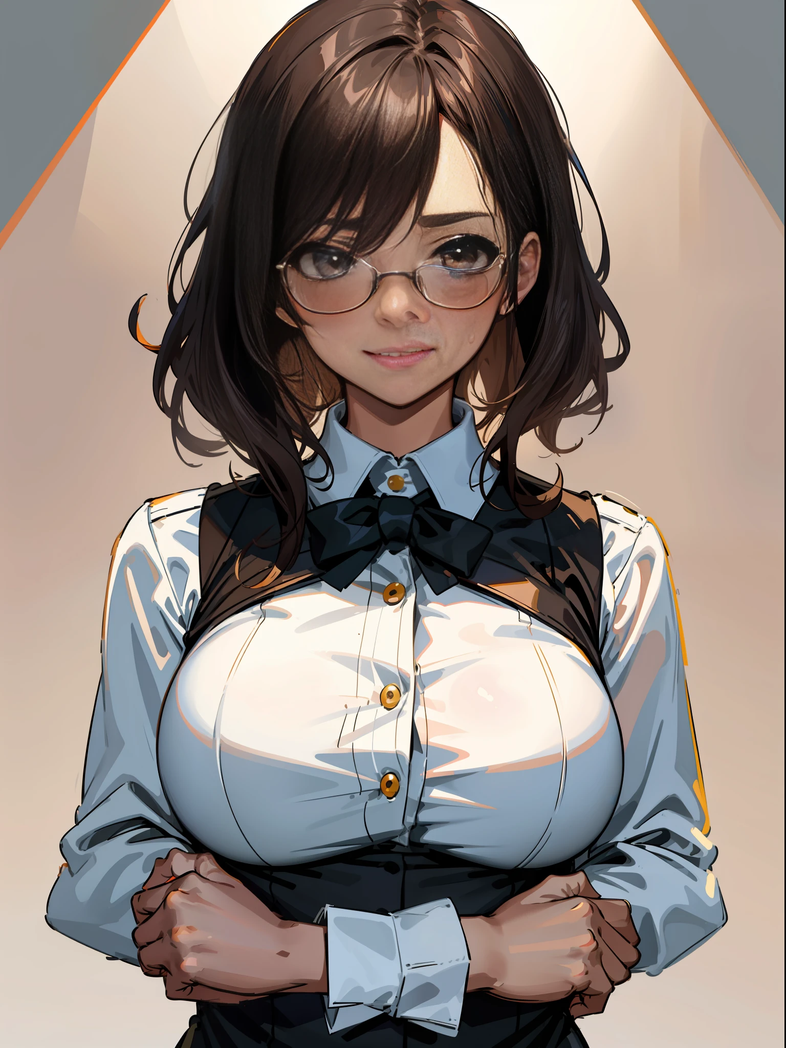 master-piece, hyper quality, hyper detailed, perfect drawing, solo, beauty, bountiful breasts, fluffy breasts, H cup bust, bust up, bulging bust top, h, hentai, blush, sweat, moist eyes, detailed drawing, accurate drawing, police officer, vest, uniform, special, glasses, brown tanned skin, slender eyes, Long eyelashes, cheeky smile