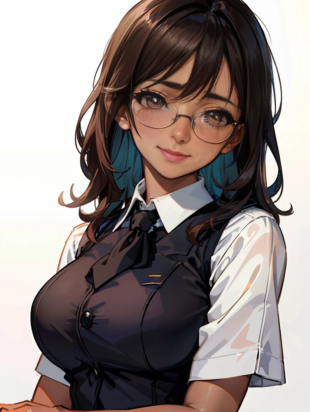 master-piece, hyper quality, hyper detailed, perfect drawing, solo, beauty, bountiful breasts, fluffy breasts, H cup bust, bust up, bulging bust top, blush, sweat, moist eyes, detailed drawing, accurate drawing, police officer, vest, uniform, special, glasses, brown tanned skin, slit eyes, long eyelashes, Cheeky smile