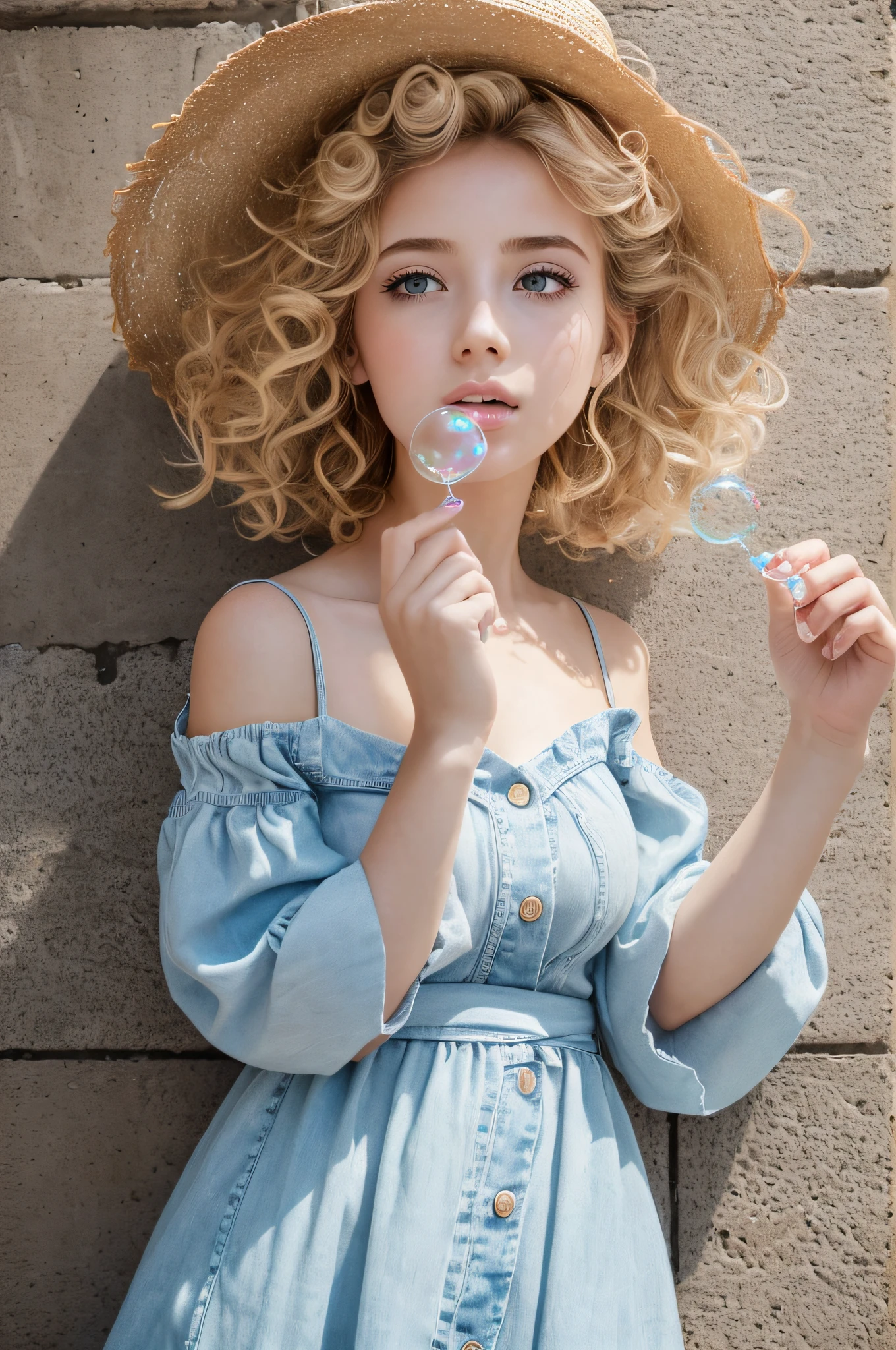 (masterpiece), (portrait), (aesthetic), (beautiful), (upper blody), (high quality), (aesthetic clothings), (professional angle), (rule of thirds), (Feminine), (woman), (female), (beautiful),(feminine features), (21 years), solo, 1 woman, (attractive French), Summer, (Floating Soap Bubbles), (Morning), (Bright light), ((Blowing Bubbles)), (Extending Arm Hands), ((Looking Upwards Face)), ((Playful)), (Soft and Subtle Make-up), (Petite Bust), (Straw Hat), ((Short Hair)), (Blonde Hair), (Curly Hair), (Messy Updo hair), (Flower Crown in Hair), (Closed Eyes), (Blue Eyes), (Chic Look), Medium skin, (Ruffled Sleeves Clothing), (Sundress), (Cardigan), (Denim Shorts ), (Off-shoulder Neckline), ((Urban Street background)), (Full Shot Shot), beautiful hands, two hands, normal hands, two arms, complete hands, beautiful body, beautiful fingers, normal fingers, five fingers, five fingers, (Thumb index meddle ring little fingers), beautiful ears, normal ears, beautiful eyes, shiny eyes, beautiful mouth, beautiful lips,
