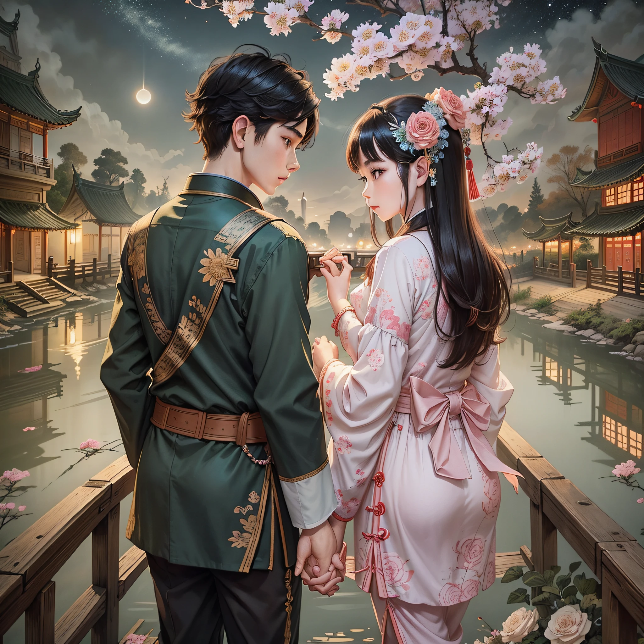 boy1, girl1, holding hands on the bridge, looking at each other, river under the bridge, Chinese costumes, flowers, night, sky lanterns --auto --s2