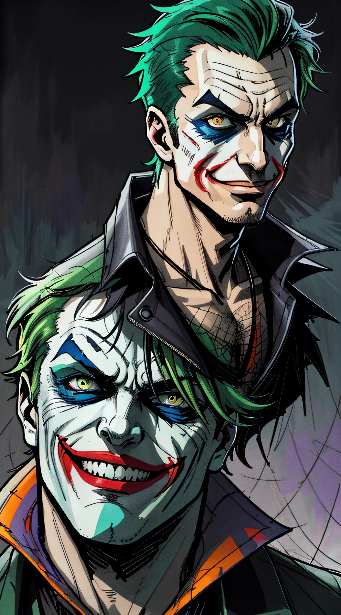 ((Vector)), (((Comics style))), A Joker\(Joker 2019\), green hair, evil smile, epic, realistic, faded, neutral colors, ((((((hdr)))), ((((mute colors)))), intricate scene, artstation, hyperdetailed, cinematic filmed, warm lights, dramatic light, intricate details, vignette, complex background, [[teal and orange]], slate gray atmosphere, hyperdetailed, (closeup:0.9), ((Vector)), ((Comics style)),  details, picture