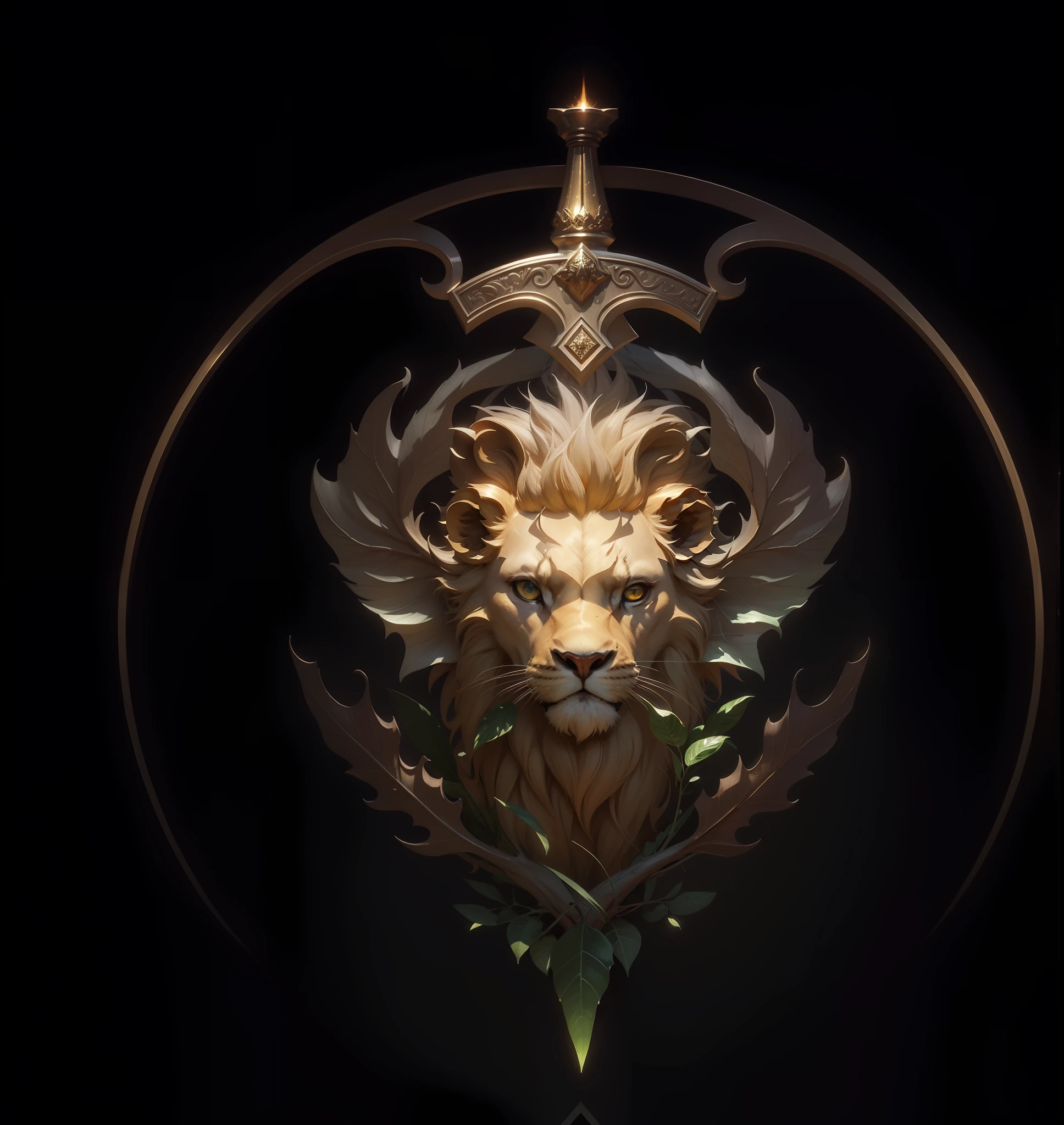 Masterpiece, best quality, (very detailed CG unified 8k wallpaper), (best quality), (best illustration), (best shadow), glowing elf, (natural elements), (jungle theme), (leaves), (branches), (fireflies), (particle effects) and other 3D, Octane rendering, ray tracing, super detailed, metal badge, crown, lion's head, sword stuck in lion's head, clear --auto --s2
