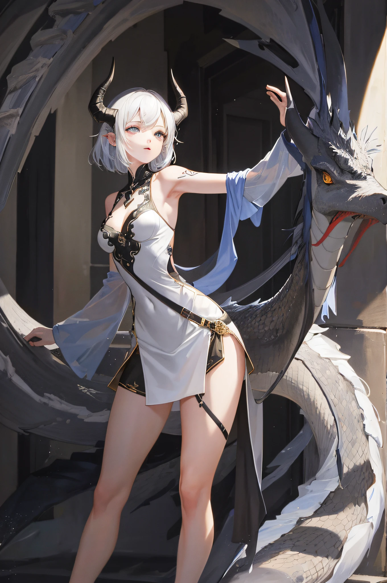 masterpiece, best quality, absurdres, perfect anatomy, standing, 1girl, solo, arm tattoo, bare shoulders, sleeveless, dress, dragon girl, dragon horns, jewelry, tail