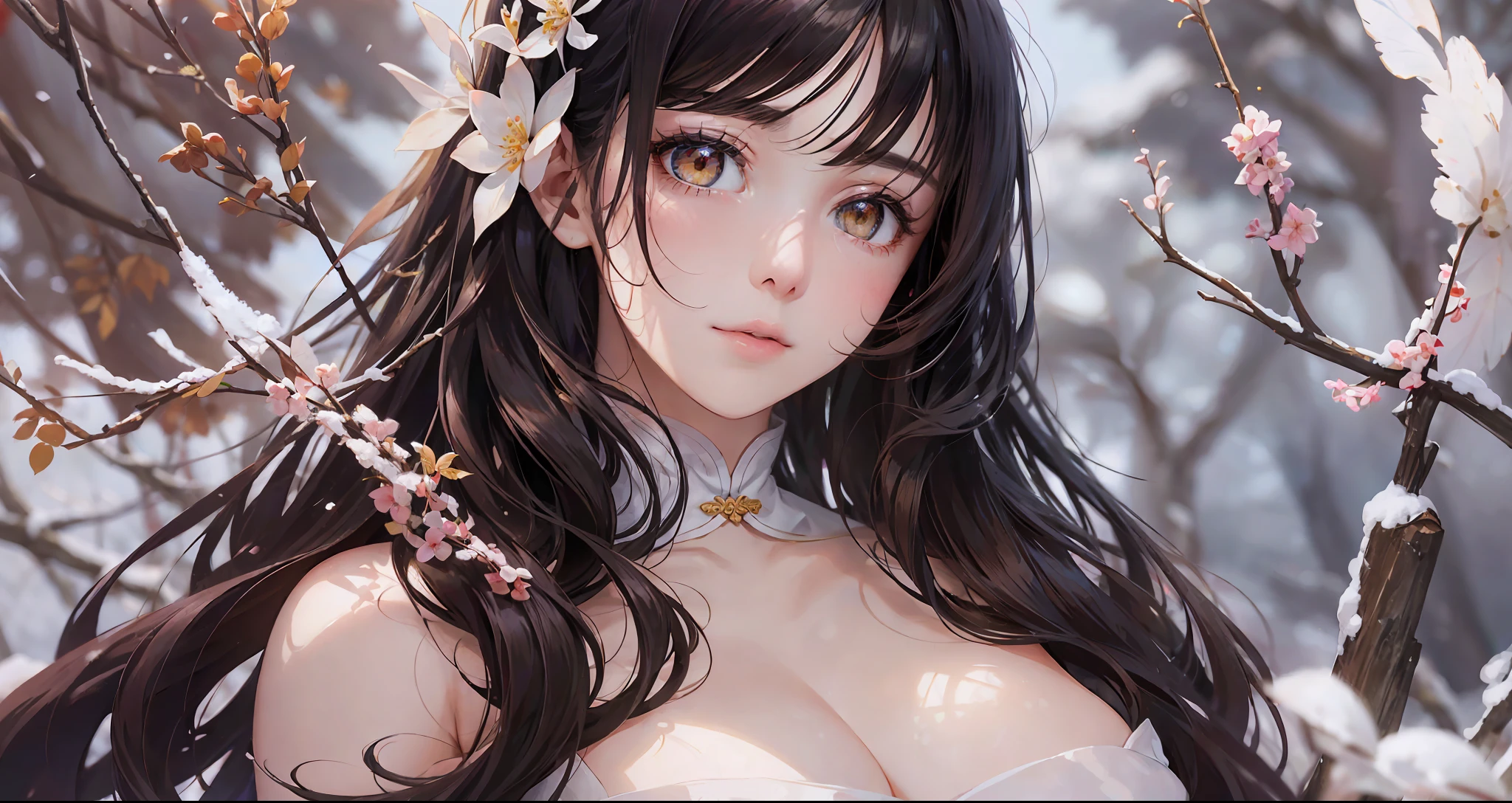 There is a woman in red dress holding a white umbrella, traditional Chinese white umbrella, wild snow scene, a girl in Hanfu, Hanfu, Chinese girl, Chinese woman, Chinese style, white Hanfu, red shawl, snowing, distant scene one A peach blossom tree, full of peach blossoms, a few villages of peach blossoms stretching down from the close-up view, a lot of peach petals floating in the air, heavy snow with goose feathers, 2 colorful butterflies flying, traditional Chinese clothing, cover photo Du's portrait Juan, portrait photo, China Princess, wearing red cheongsam, inspired by Tang Yifen, black haired goddess, beautiful brunette girl, oriental girl, master work, best picture quality, higher quality, high detail, super high resolution, 8k resolution, depth of field, Cinematography, Intricate detail, Elaborate, Meticulous, Magnificent, Maximum detail, Extreme beauty, (((1girl, solo))), 18age, Long hair, Black hair, White skin, Realistic, Masterpiece, (best picture quality), higher quality, high detail, super high resolution, panorama, exquisite facial features, perfect face, glowing skin, dreamy background, women, girls, angels, mini girls, goddesses, poets, shy, Surprise, shoulder-length hair, black hair, sharp and clear focus, three-dimensional silhouette, correct proportions, realistic portrait, face close-up, a very temperamental beautiful girl, slender figure, exquisite facial features, flowing long hair, Black hair, extremely detailed hair description, (collarbone), perfect face, clean and flawless face, long eyelashes, light pink eye shadow, shallow dimples, blush, watery big eyes crystal clear, delicate cream Glowing skin like skin, detailed skin details, CFG scale: 8,(A beautiful girl with large breasts and a wisteria flower in her hair),(she wears a white bikini and has her lips slightly parted),(her navel is visible as she stands surrounded by alraune plants), a dream-like atmosphere with vibrant colors and soft lighting, red hair, yellow detailed eyes
