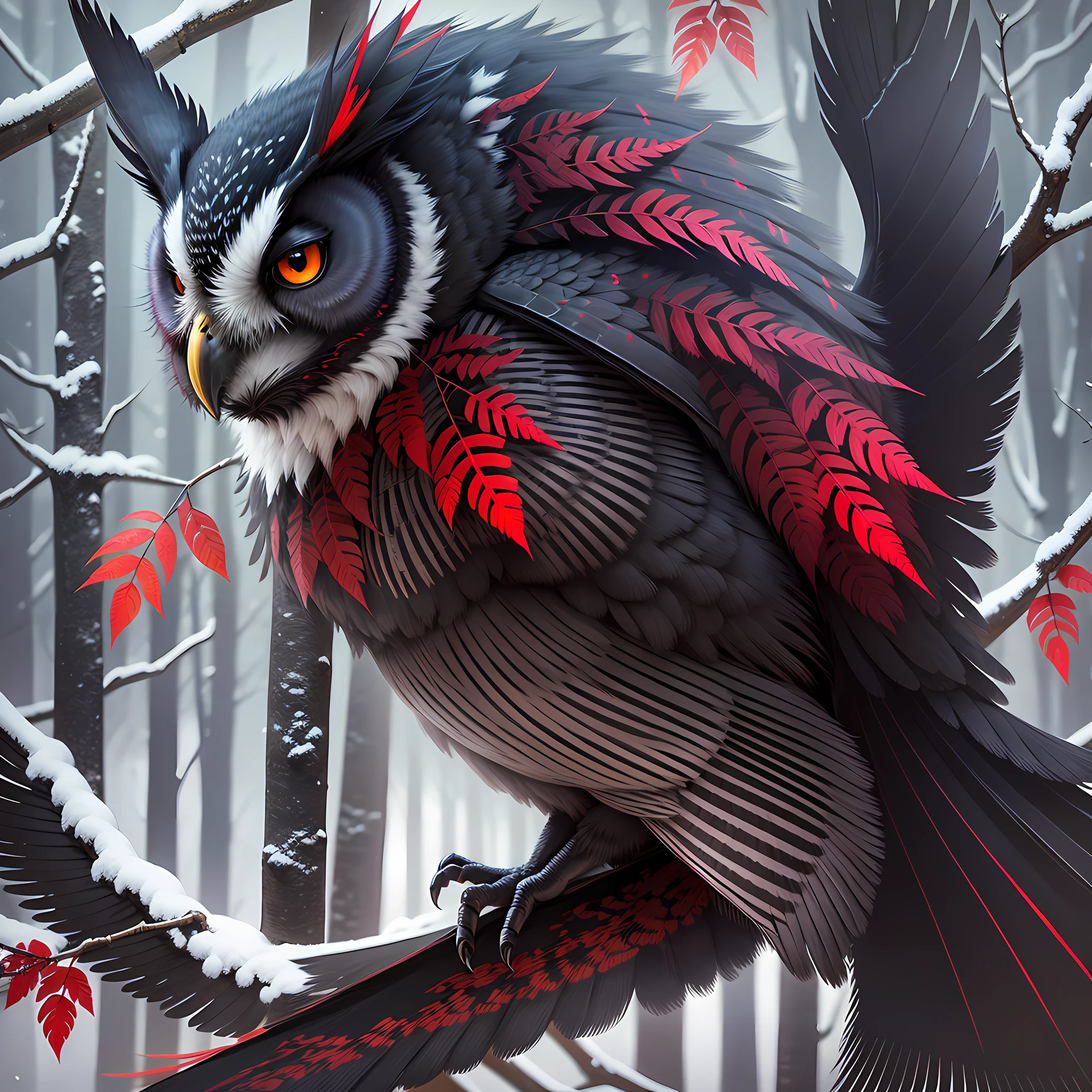 Black Owl with red details flying in a forest at night --auto --s2