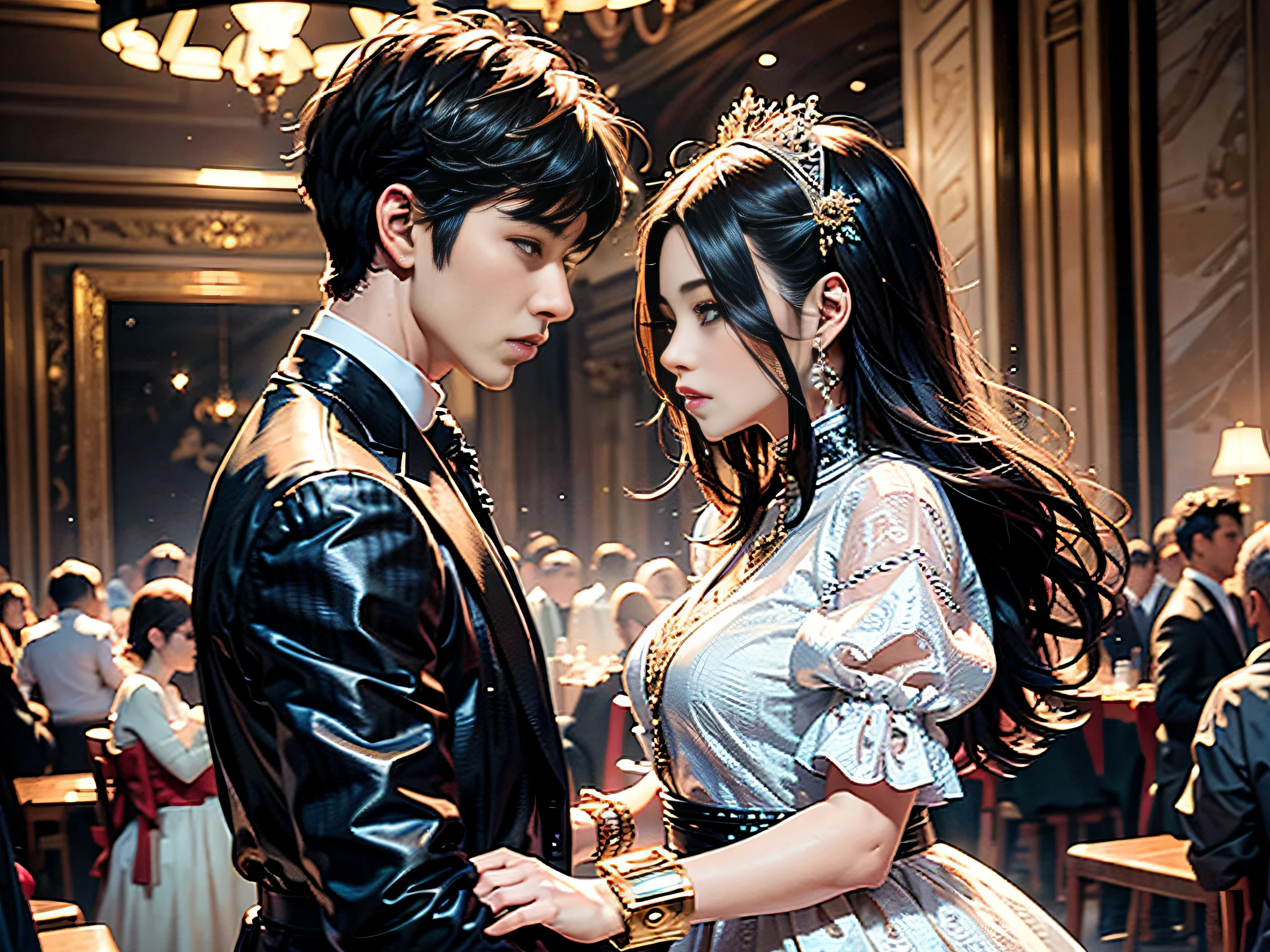 ((Masterpiece, Best Quality)) 1boy, 1 woman, side view, dark eyes, gorgeous clothes, birthday party, holding, indoor, banquet