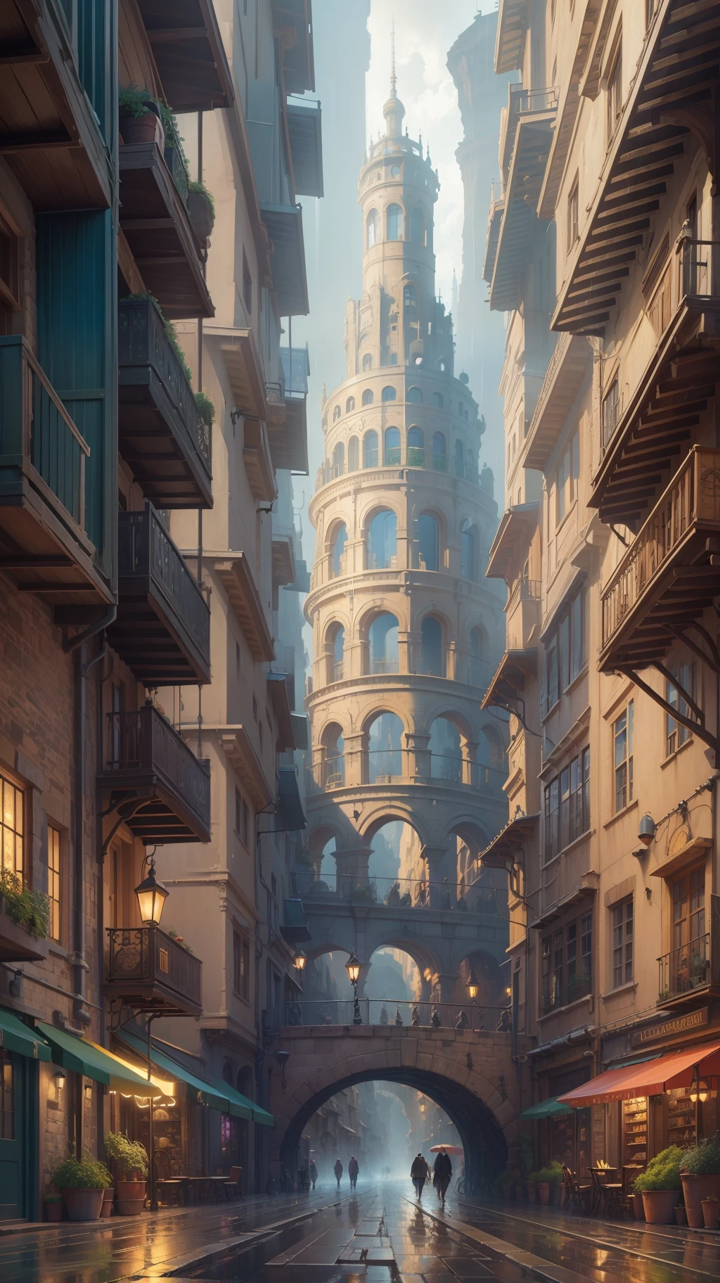 ((masterpiece)),((highest quality))),((high definition)),((real,)) Industrial age city, deep canyon in the middle, architectural street, bazaar, bridge, rainy day, steampunk, european architecture --auto --s2