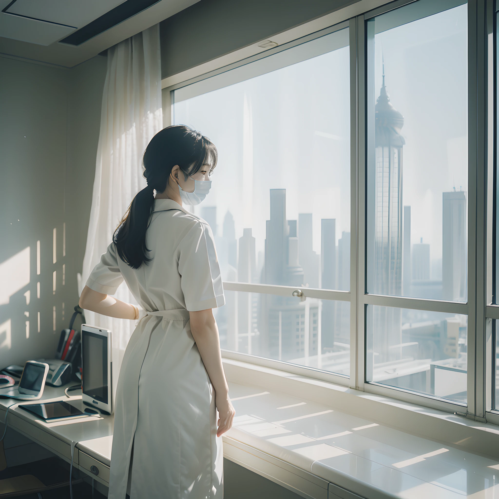 (Realism 1.4), (Masterpiece, Best Quality) Top of Shanghai skyscraper, hospital office, natural light shining in, shining sunshine, back of 1 female nurse in a white coat, staring out the window