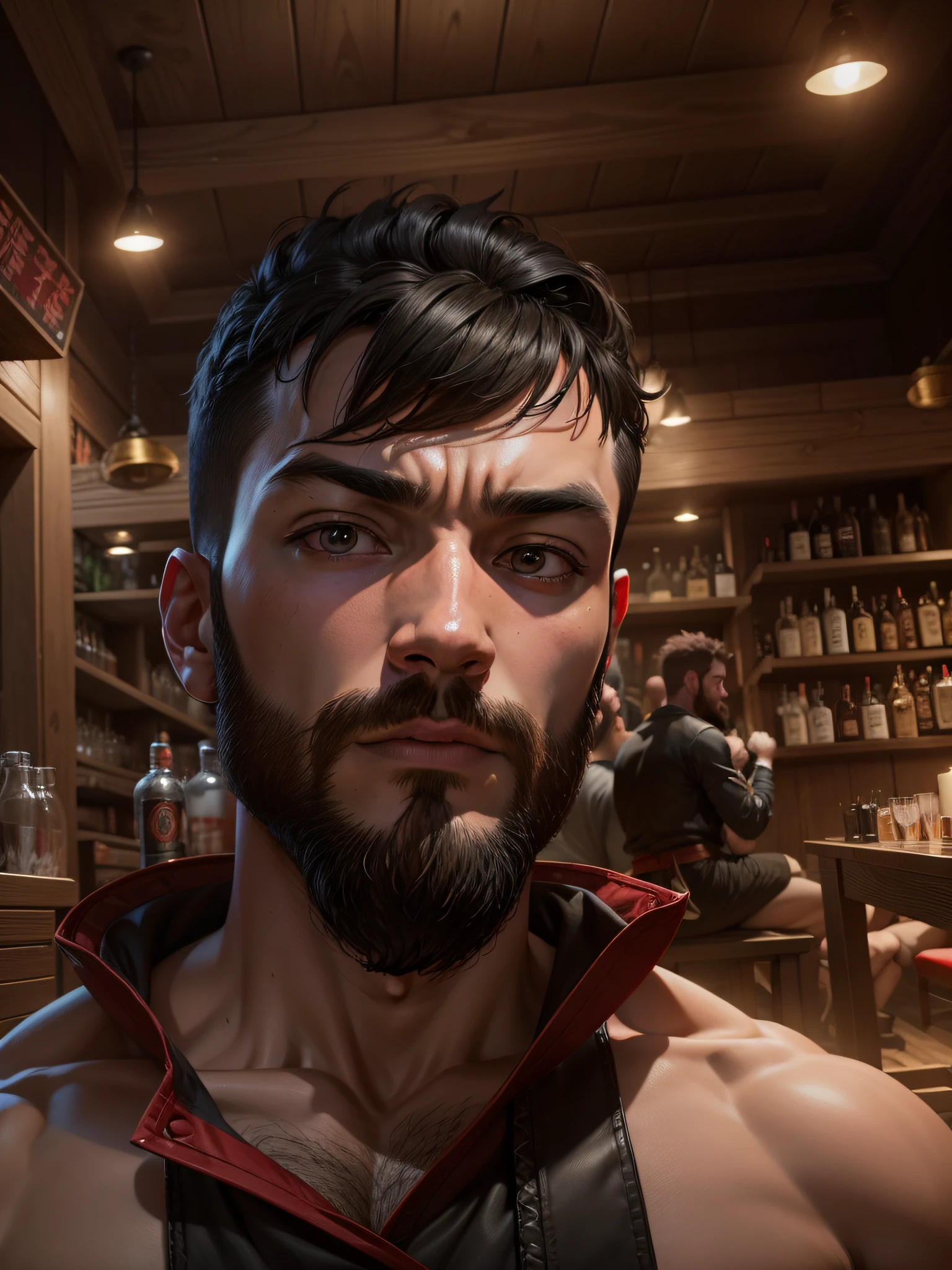 Table rpg, martial arts fighter, 4k, black hair and red beard, rpg bar background