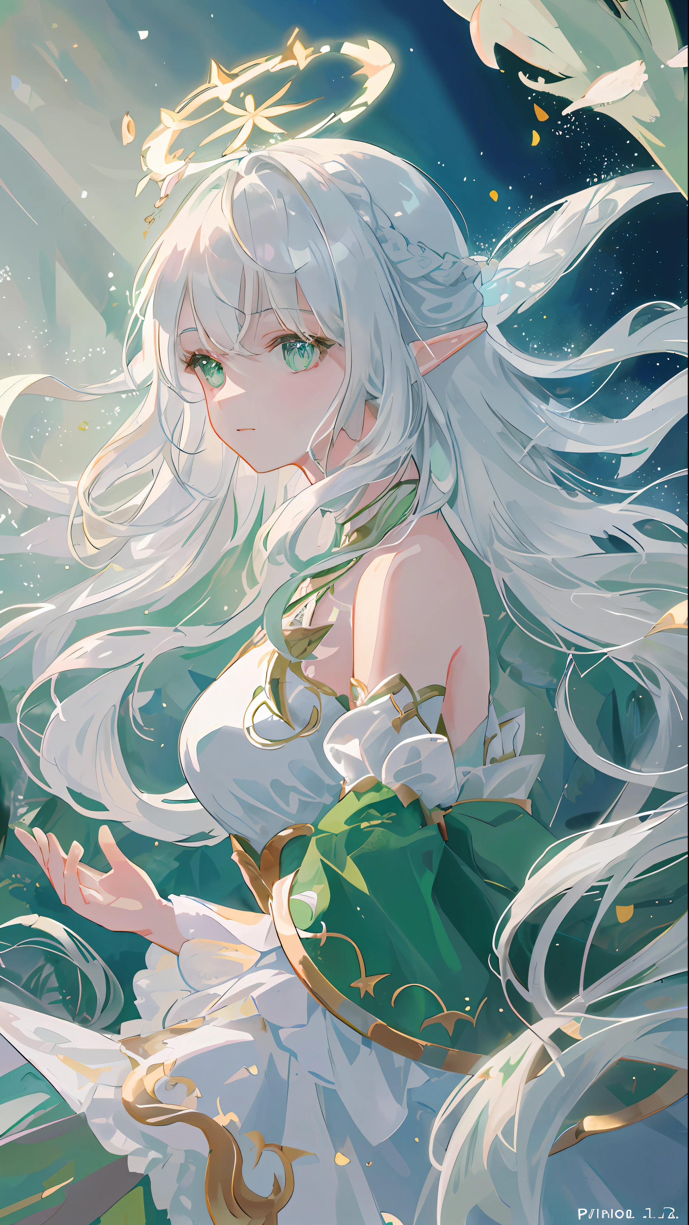 Masterpiece, Superb Painting, Illustration, 1girl, Cute, (Dynamic Light: 1.2), Cinematic Light, Delicate Facial Features, (Fine Beautiful Eyes: 1.2), (Bright Green Eyes: 1.233), Waterfall Braid, Extra-Long White Hair, Elf Ears, Depth of Field, Background Blur, Clear Focus, (Ultra Detailed, Halo, Glow: 1.4), long white hair, pale green glow at the end of the hair, beautiful girly face, plump fair breasts, (off-the-shoulder: 1.1), (nude: 1.1), dress, trimmed white, delicate and gorgeous, (split sleeves, wide sleeves), nahida_genshin