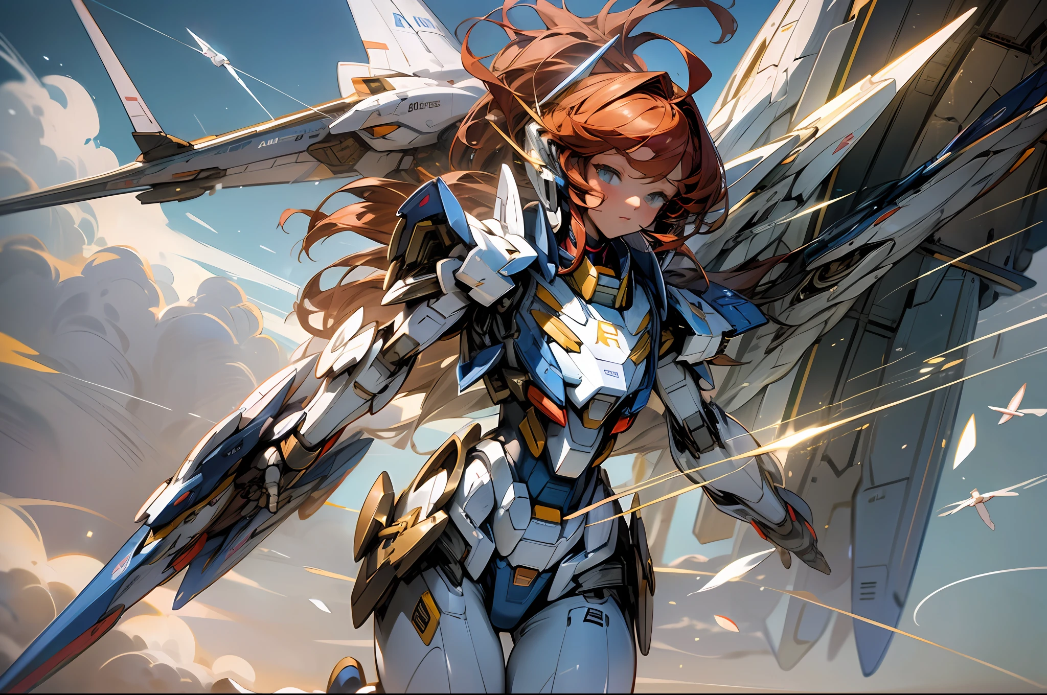 (Masterpiece, top quality: 1.2), super detail, cinematic lighting, HDR, witch in plain bikini swimsuit, full body, swimsuit, weightless, cute, beautiful face, beautiful eyes, wizard, short redhead, ahoge, slim body, small, aircraft carrier, hangar, pouring sun, flying light, contrails, mobile suit gundam, dynamic angles, dynamic poses, 200mm lens,