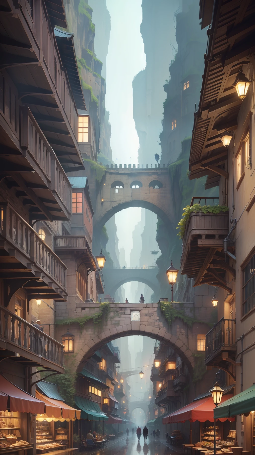 ((masterpiece)),((highest quality))),((high definition)),((real,)) Industrial age city, deep canyon in the middle, architectural street, bazaar, bridge, rainy day, steampunk, european architecture --auto --s2
