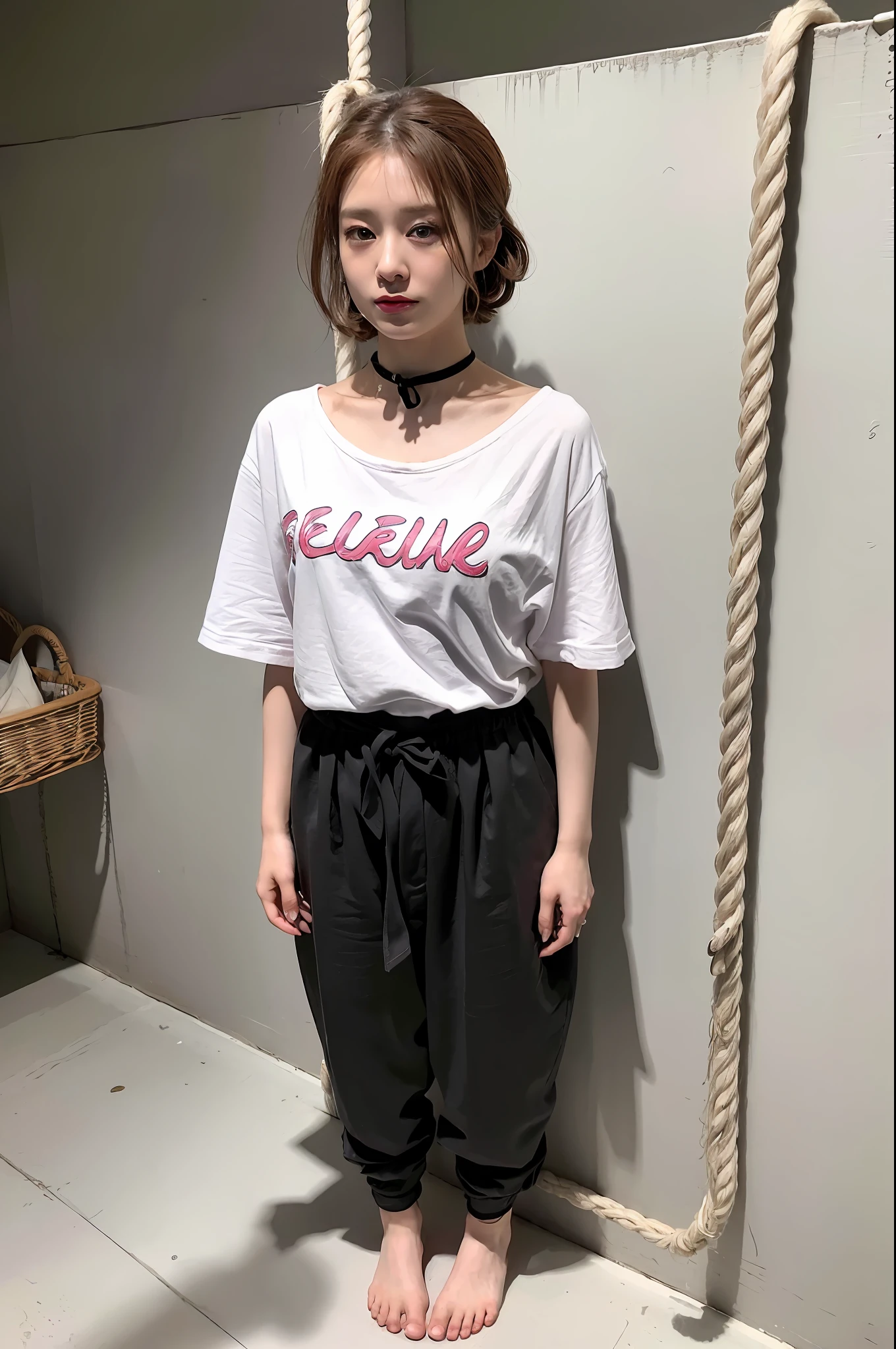 (8k:1.27), best quality, masterpiece, ultra highres:1.2), lesbian delinquent girl with medium length hair and arm tattoos, tattooed girl, full body picture, dirty old pink oversized knotted prisoner t-shirt, dirty big pink t-shirt with prisoner number written in t-shirt, short big sleeves, white prisoner pants tied with a rope, wearing dirty old goth clothes, shoulder length brown bob hairstyle, brown hair pulled back snooki style, blonde highlights, standing in the prison gallows next to a noose, about to be executed, hanging execution, handcuffed, hands tied with rope behind body, submissive neck choker and checkered keffiyeh scarf in neck, 4k or 8k picture, looking at the floor down very sad, very sad face, smelly, barefoot, rope noose hanging from ceiling, tattooed body, noose rope hanging