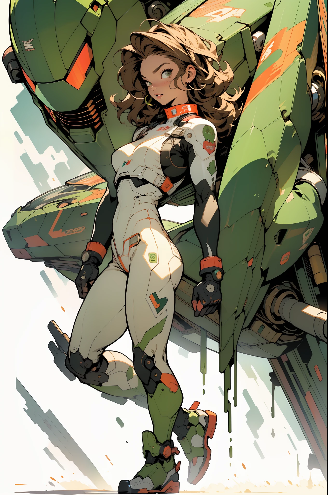 ((Best quality)), ((masterpiece)), (detailed: 1.4), (Absurd), (((full body)), (((woman))), 35-year-old woman, Beautiful muscular woman, giant robot pilot, wild with perfect body, wearing little clothing, tiny thong, clothing with Japanese graphic patterns, halftone pattern and vertical stripes, moss green