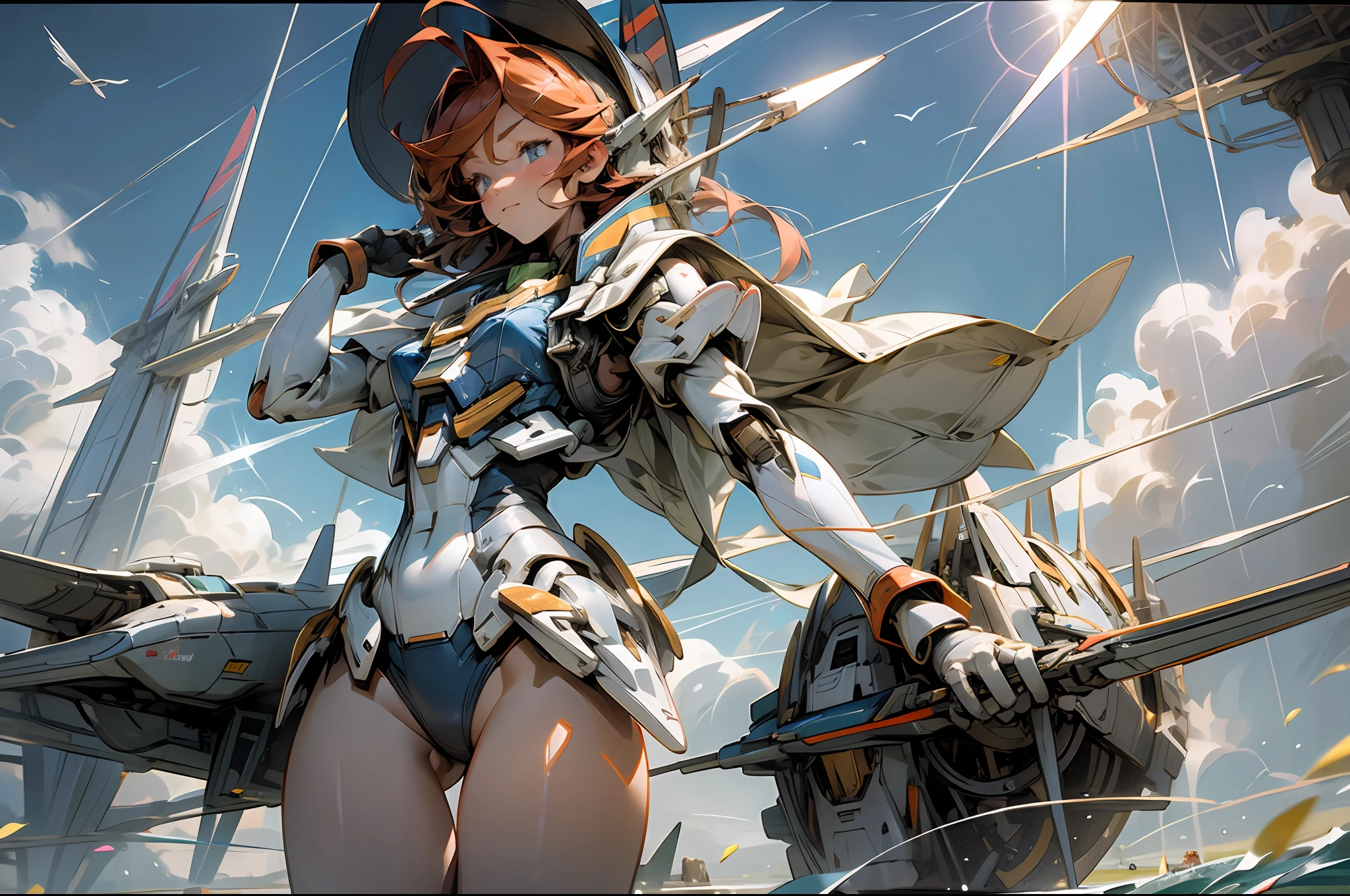 (Masterpiece, top quality: 1.2), super detail, cinematic lighting, HDR, witch in plain bikini swimsuit, full body, swimsuit, weightless, cute, beautiful face, beautiful eyes, wizard, short redhead, ahoge, slim body, small, aircraft carrier, hangar, pouring sun, flying light, contrails, mobile suit gundam, dynamic angles, dynamic poses, 200mm lens,
