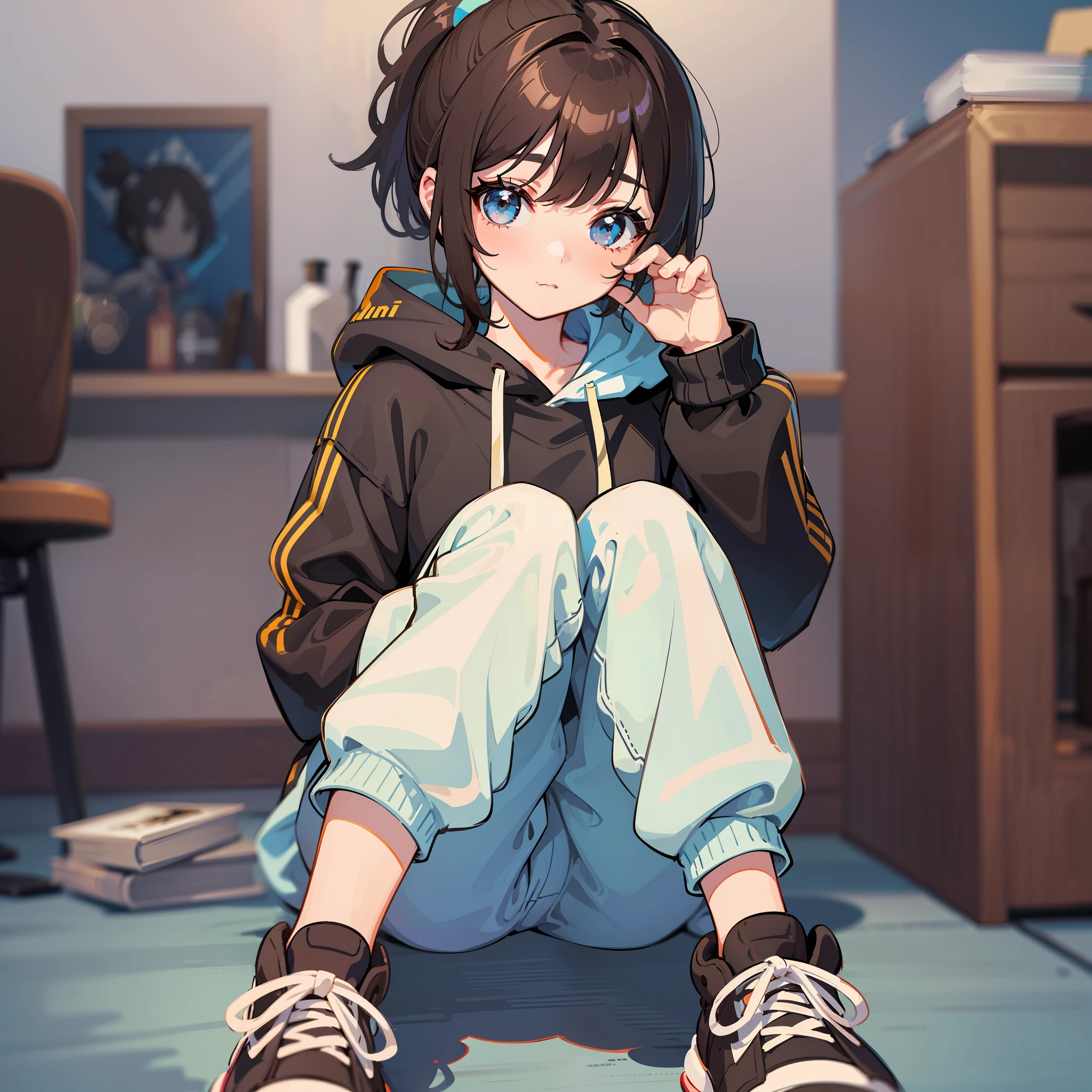 Best image quality, super detailed light and shadow, literary style, cute girl, comfortable sitting position, bright black and brown ponytail, charming brown big eyes, playful and beautiful, full of literature, fluffy blunt bangs, stylish light blue low-cut hoodie, sneakers.