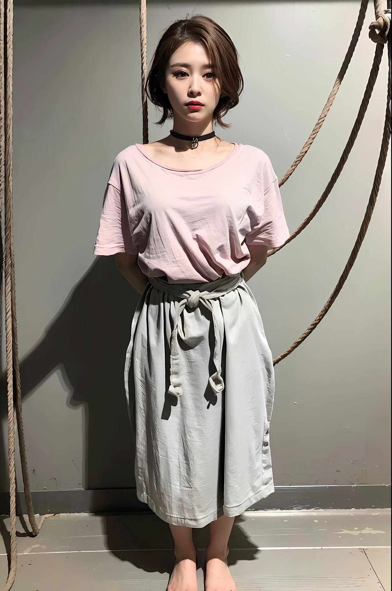 (8k:1.27), best quality, masterpiece, ultra highres:1.2), lesbian delinquent girl with medium length hair and arm tattoos, tattooed girl, full body picture, dirty old pink oversized knotted prisoner t-shirt, dirty big pink t-shirt with prisoner number written in t-shirt, short big sleeves, white prisoner pants tied with a rope, wearing dirty old goth clothes, shoulder length brown bob hairstyle, brown hair pulled back snooki style, blonde highlights, standing in the prison gallows next to a noose, about to be executed, hanging execution, handcuffed, hands tied with rope behind body, submissive neck choker and checkered keffiyeh scarf in neck, 4k or 8k picture, looking at the floor down very sad, very sad face, smelly, barefoot, rope noose hanging from ceiling, tattooed body, noose rope hanging