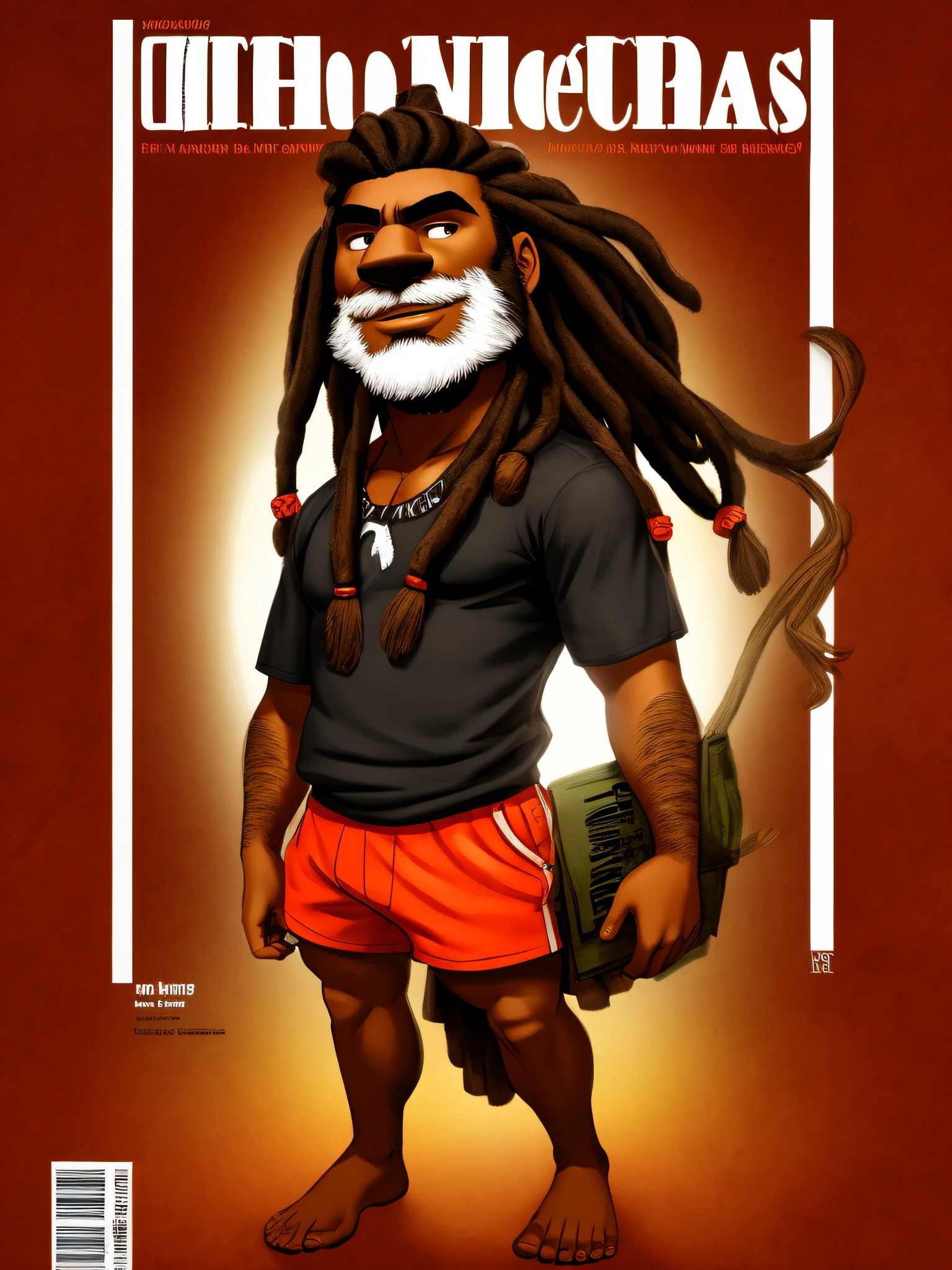 Brown man, with beard, dreads in short hair, magazine cover, full body, simple layout.