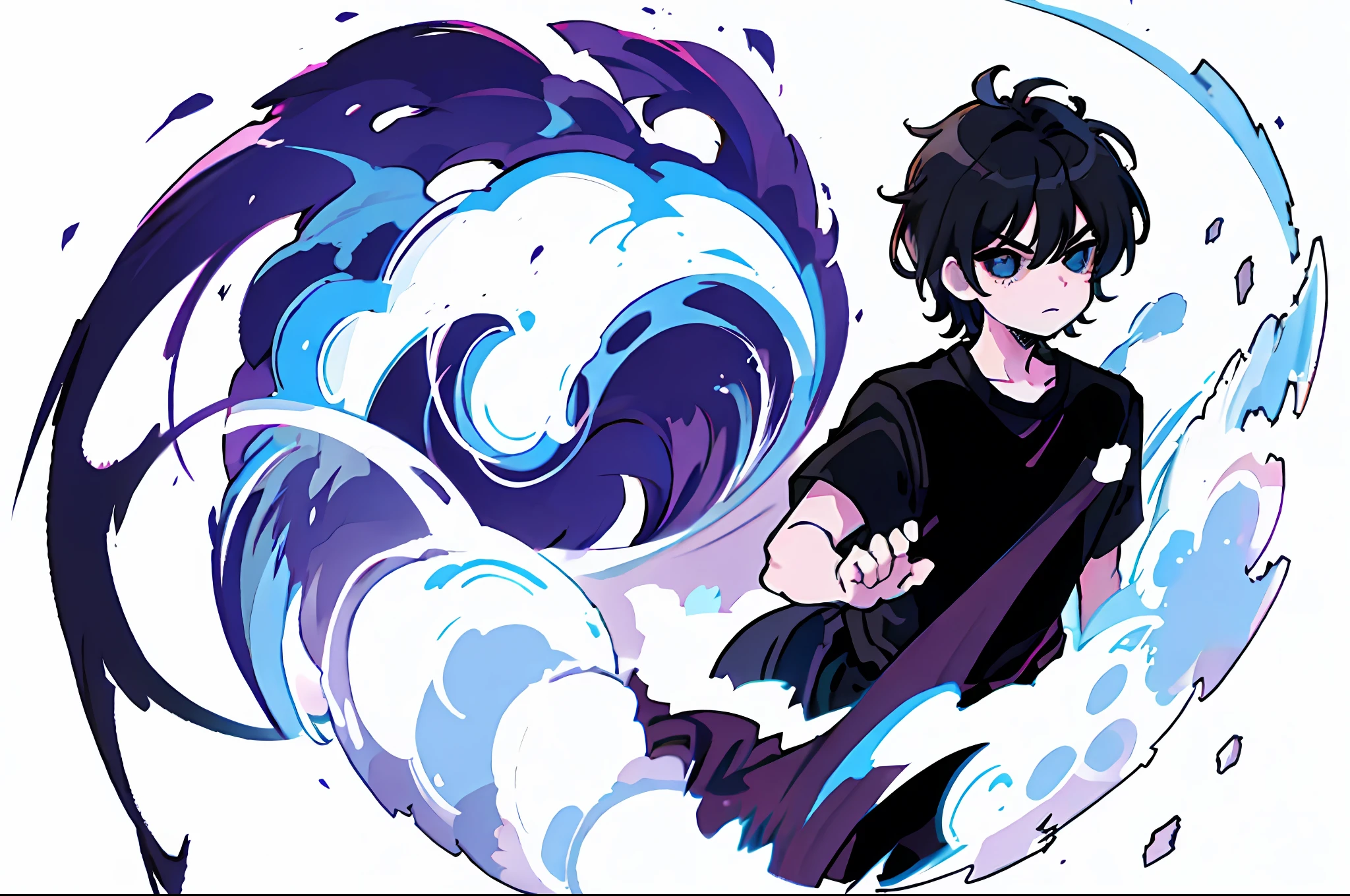 4k anime, 25 years, boy,black shirt, messy hair, simple background White