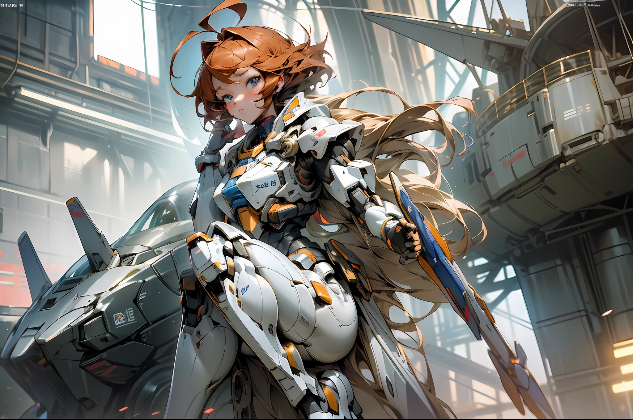 (masterpiece, top quality: 1.2), super detail, cinematic lighting, HDR, plain bikini girl, full body, swimsuit, weightless, huge mobile warrior face behind, beautiful face, beautiful eyes, short redhead, ahoge, slim body, small, hangar, factory, huge mobile suit face behind, dynamic angle, dynamic pose, 200mm lens,