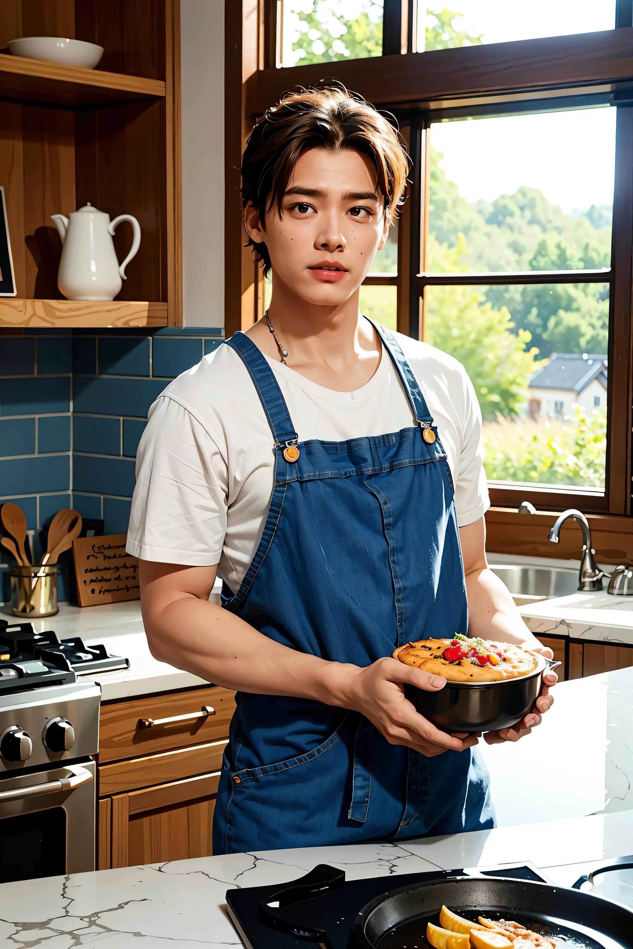 Character	The cook, his figure is lean and relaxed, his eyes are determined and passionate, reflecting his zest for home cooking.
Expression	His eyes are intense and dedicated, reflecting his devotion to the culinary task, and his lips are pursed in focus as he plates his dish.
Outfit	He is dressed in a casual button-up shirt and denim jeans. He wears a colorful apron and a matching bandana tied around his forehead.
Action	He is seen garnishing a dish on a plate, his stance confident, his body delicately placing the final touch on his creation.
Foreground	The foreground highlights a home kitchen scenario, a beautifully presented dish on a plate, and a set of cooking utensils resting on the counter.
Background	The backdrop is a cozy home kitchen, a chalkboard with scribbled recipes, a window with sunbeams filtering in, and a collection of cookware hung above the stove.