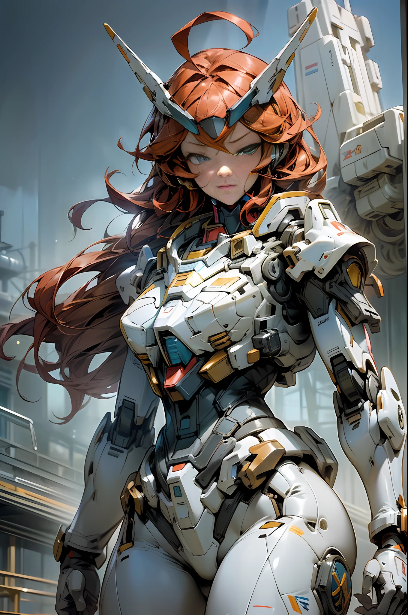 (masterpiece, top quality: 1.2), super detailed, cinematic lighting, HDR, mobile suit and plain bikini girl, full body, swimsuit, weightless, huge mobile suit face behind, beautiful face, beautiful eyes, short redhead, ahoge, slim body, small, factory, dynamic angle, dynamic pose, 200mm lens,
