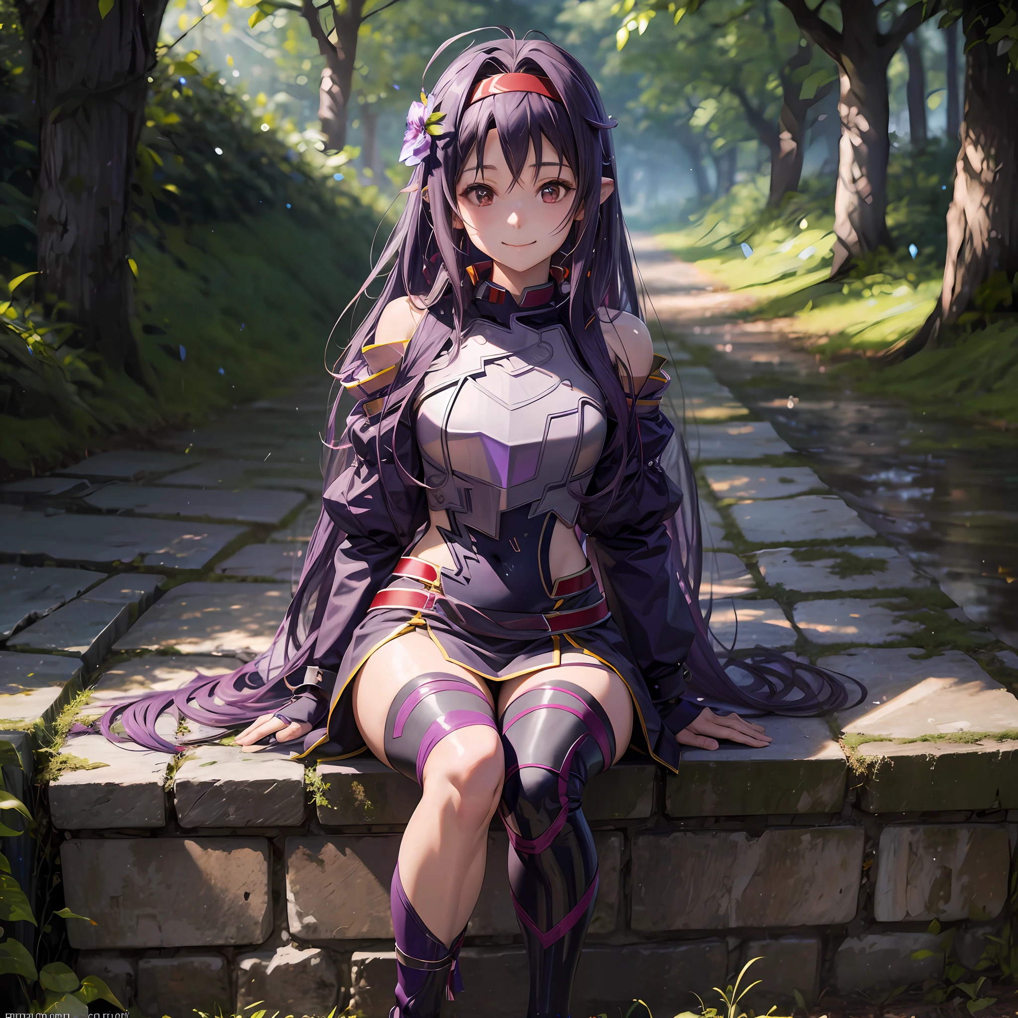 realistic, (yuuki), (yuuki konno)\(sao\), 1 girl, sitting, smiling, (best quality), (highres), photoshoot, (deep depth of field), (4k uhd), physics-based rendering, lighting with light shade of purple, detailed lighting, beautiful female, perfect skin, shiny skin, 18 years old, sharp face, (detailed beautiful hair), fantasy, (((full body))