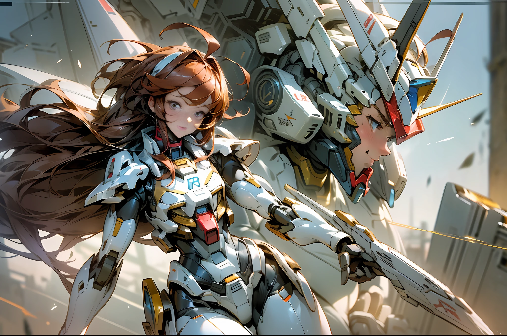 (masterpiece, top quality: 1.2), super detailed, cinematic lighting, HDR, mobile suit and plain bikini girl, full body, swimsuit, weightless, huge mobile suit face behind, beautiful face, beautiful eyes, short redhead, ahoge, slim body, small, factory, dynamic angle, dynamic pose, 200mm lens,