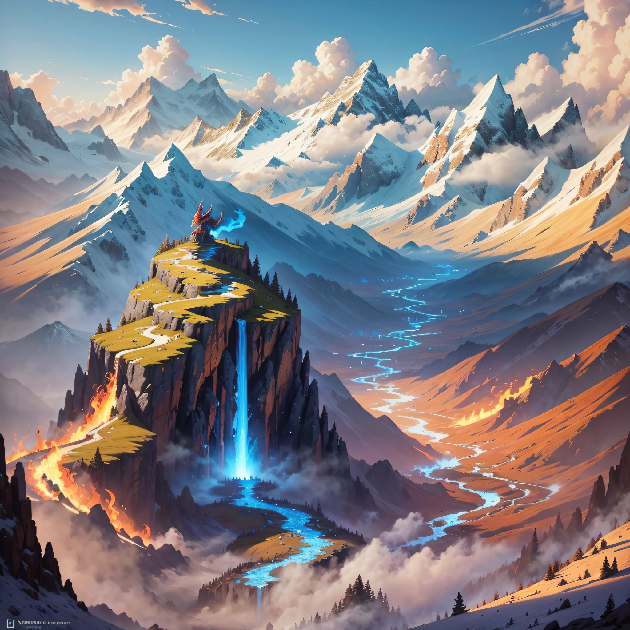 dragon in mountain, epic scene, masterpiece, best quality, (dragon: 1.2), {fire}, [mountain], (1 dragon), blue dragon