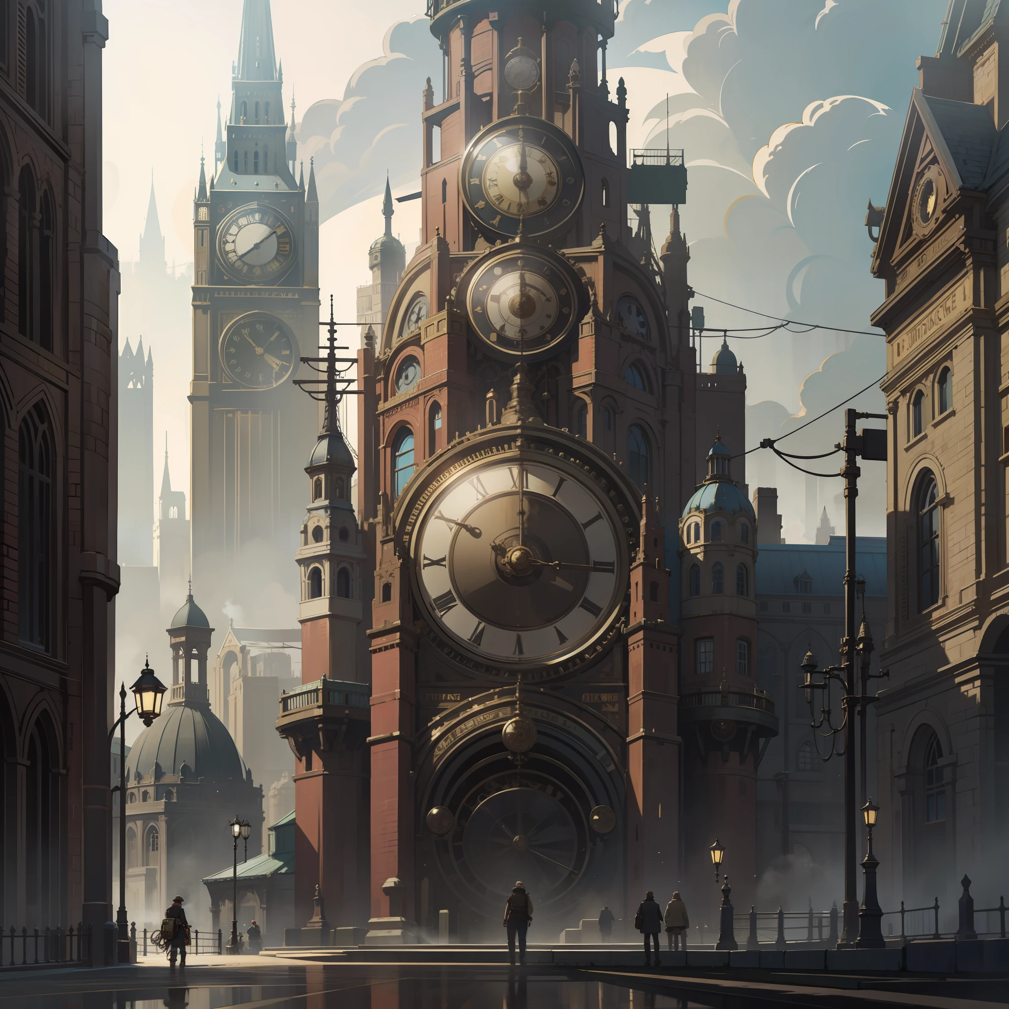 steampunk, cityscape, high clock tower, retro building, sidewalk, gear, bolt, fog, steam, unique, super high quality, super detailed, antique, retro,