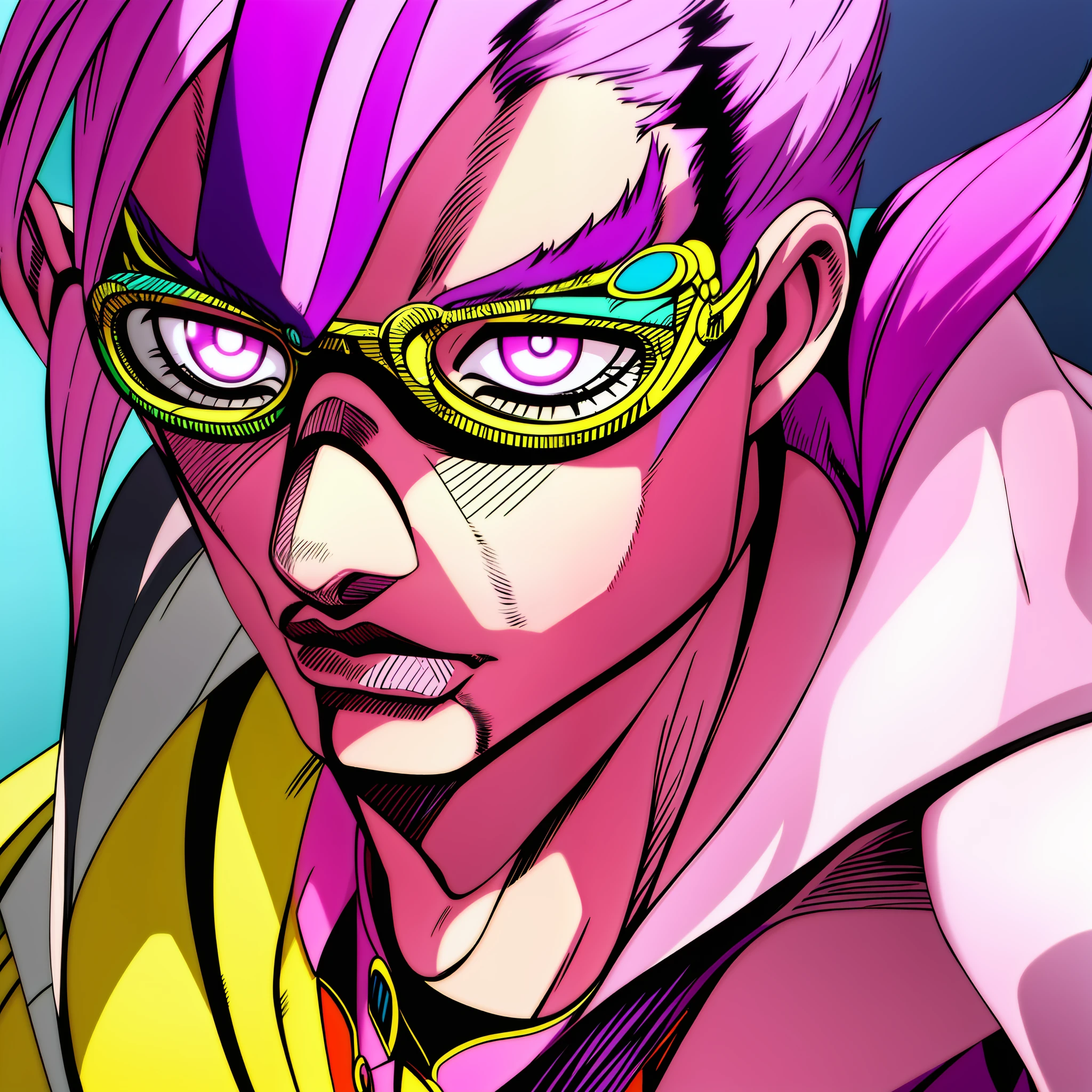 anime man with glasses and tie, with bright purple eyes, half-body headshot, bright purple eyes, half-body portrait, darksynth character portrait, sunglasses, black mask, high quality, masterpiece, (jojo style), (araki style)