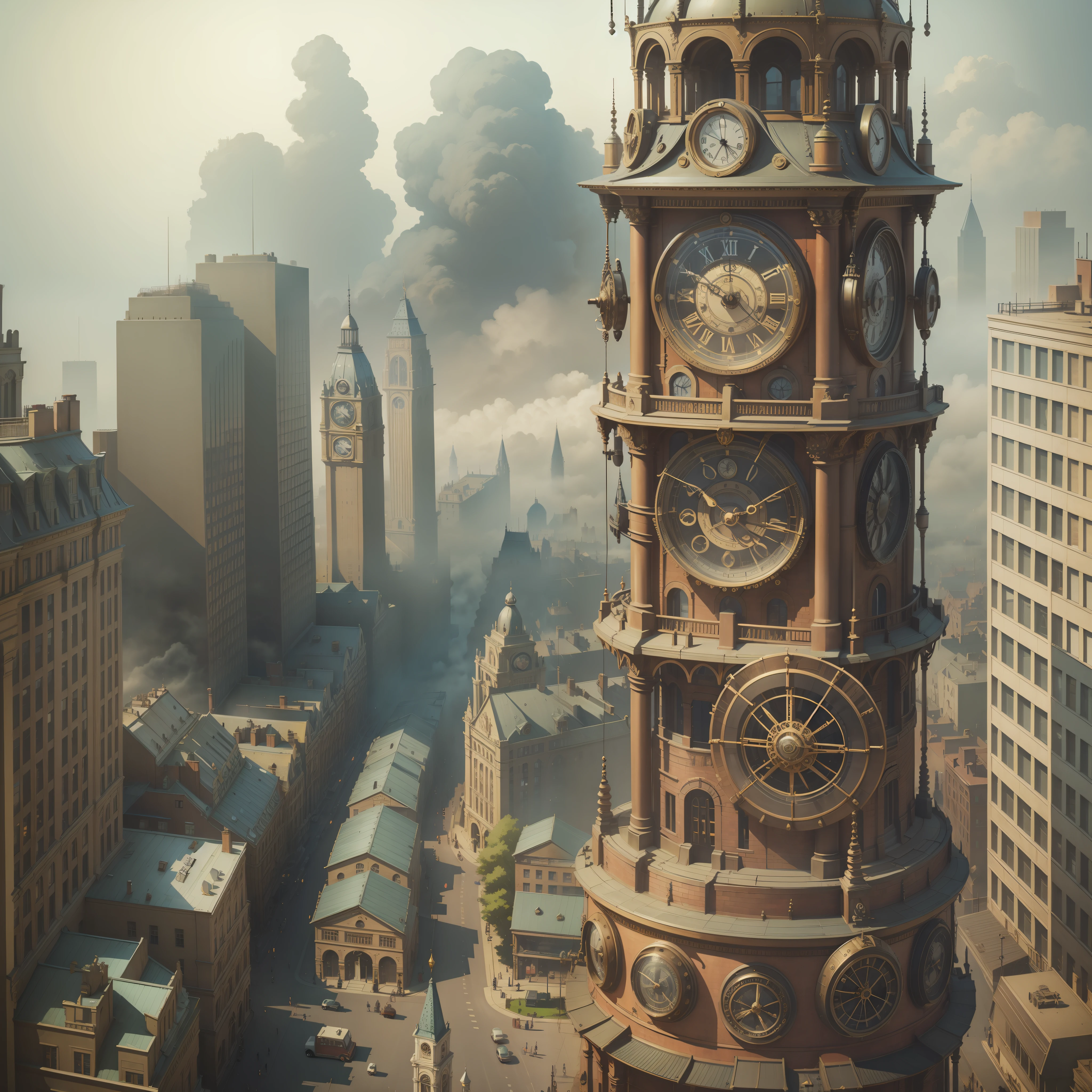 steampunk, cityscape, high clock tower, retro building, sidewalk, gear, bolt, fog, steam, unique, super high quality, super detailed, antique, retro,