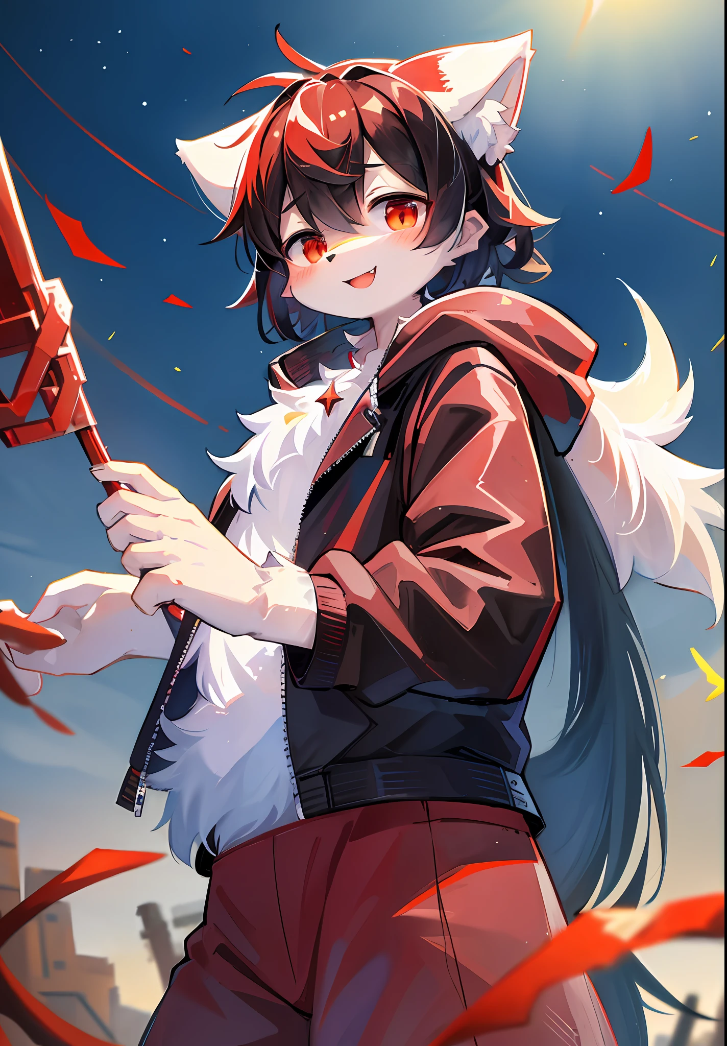 (masterpiece:1.3), (2D:1.0), (anime:1.0), (illustration:1.0), (sharp:1.2), (hard light:1.0), (shadow:1.0),(reflection, refraction:0.8), (light, dappled light, glare, lens flare, Tyndall effect: 1.0), (sharp, shiny: 1.0), (Best Quality: 1.2), (Ultra Fine: 1.0), (Extremely Complex: 1.0), (Blurred foreground, Cinematic Light, Ray Tracing: 1.1), (bright_colors, dark_intense_shadows: 1.1), (Impasto, Colorful: 1.2), (warm_light_from_below, glow_white_ particles:1.1),(Ensemble_Stars! _\(style\):0.95). wolf_boy,anthro,uploaded_on_e621,solo,upper_body,cowbow_shot,male_focus,furry_kemono,furry_male,cub,young_male,bishounen,11_years_old,kawaii,cute,fancy,fragile,cool, handsome. detailed_fluffy_fur,tuft,(white_fur,body_fur,oil_skin,skin_with_fluffy_fur:1.3),animal_nose,animal_ear_fluff,fluffy_paws,pawpads,animal_hand,fluffy_big_tail。 Black clothes, (black and red hooded cape, red and black hoodie: 1.5), short male hair, black hair, purple eyes, closed eyes, bangs, red dull hair, open mouth, smile, light blush, goggles, raised hand, holding red dagger, red metal leg ring on the thigh of the right leg is short, bottomless, (lying down: 1.2), looking at the left front. (night, starry_sky, crescent_moon, star_\(sky\), gem, plant, star_\(symbol), sparkle), outdoor, landscape