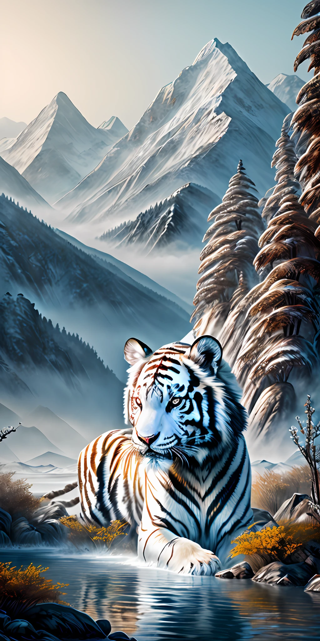 (8k, RAW photo, best quality, mastery:1.2), (realistic, photo-realistic:1.3), original, extremely detailed wallpaper,((Peking Opera))), (sketch), (ink painting), (splash color), ((splash ink)), (dye)))), ((Chinese painting)), ((colorful)) (beautiful and exquisite mountain), (solo), (fantasy creature), ((a Chinese white tiger)), (solo; 1.8), black markings, (white tiger), (solo), beautiful and delicate golden eyes, huge claws, tall and strong, devilish, Tyrannica, (mountains) sharp - focus, insanely realistic volumetric lighting