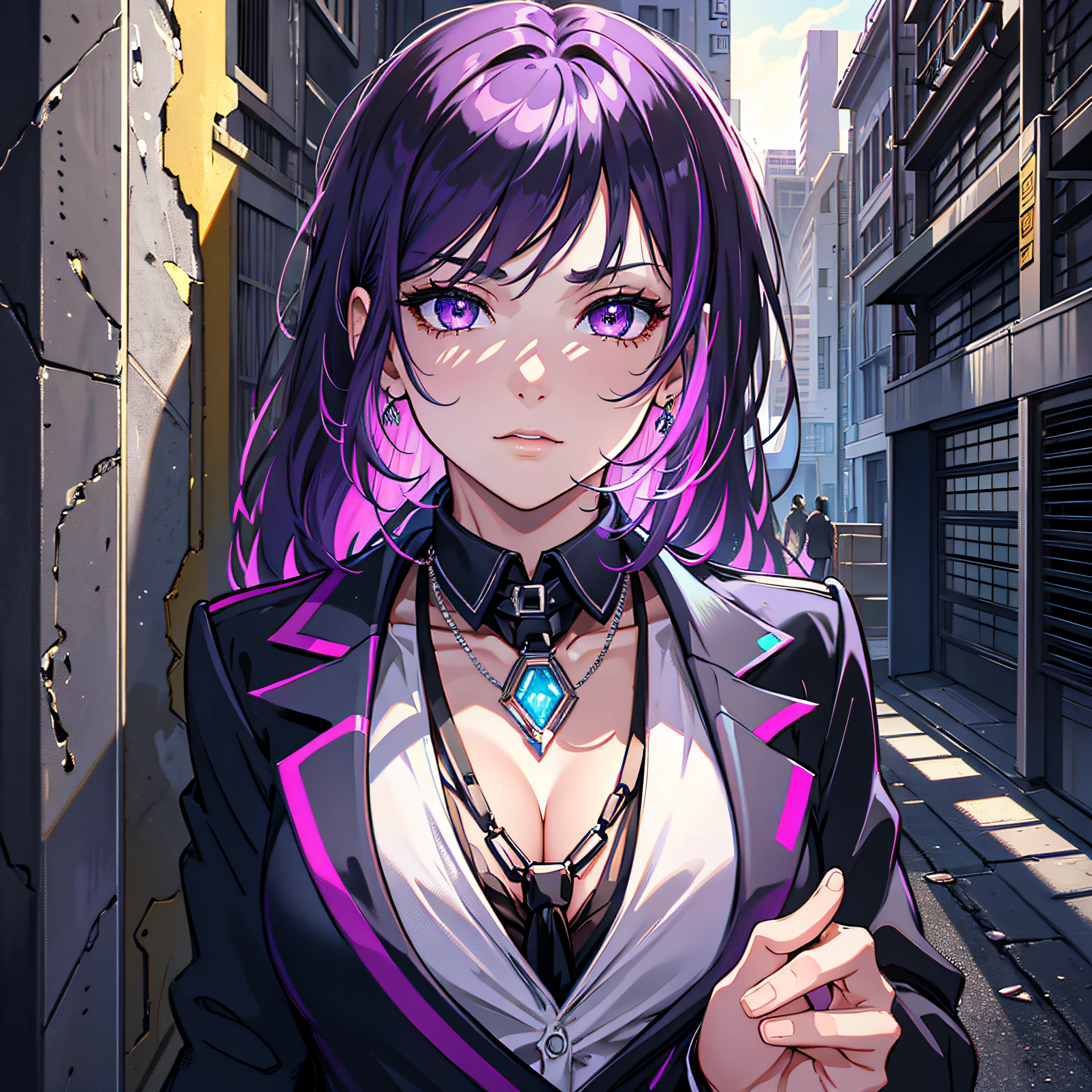 highres, highest quallity, illustration,  ultra detailed, (detailed face), (detailed eyes), cinematic lighting, best quality, hyper detailed, masterpiece, fine lines, 1girl, solo, purple hair, purple eyes, black blazer, white shirt, black tie,  jewellery, necklace, luminous eyes, medium breasts, light rays, (colorful), upper body, smug, outdoors, concrete wall, industrial