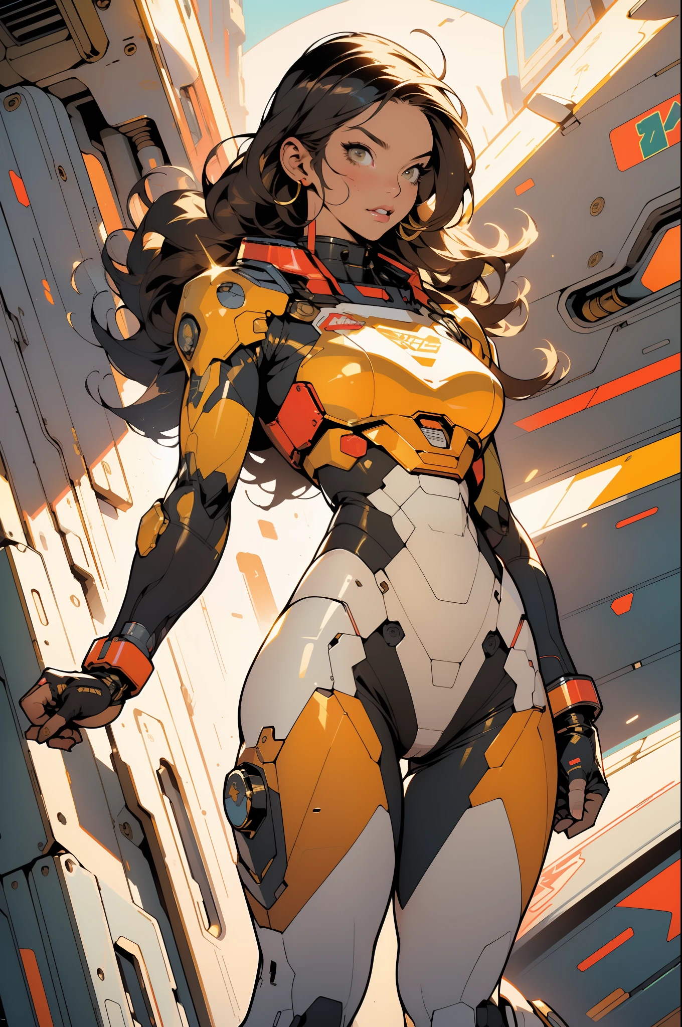 ((Best quality)), ((masterpiece)), (detailed: 1.4), (Absurd), (((full body)), (((woman))), 35-year-old woman, Beautiful muscular woman, giant robot pilot, wild with perfect body, wearing little clothing, tiny thong, clothing with Japanese graphic patterns, halftone pattern and vertical stripes, yellow gold, coming out of the body of a giant robot