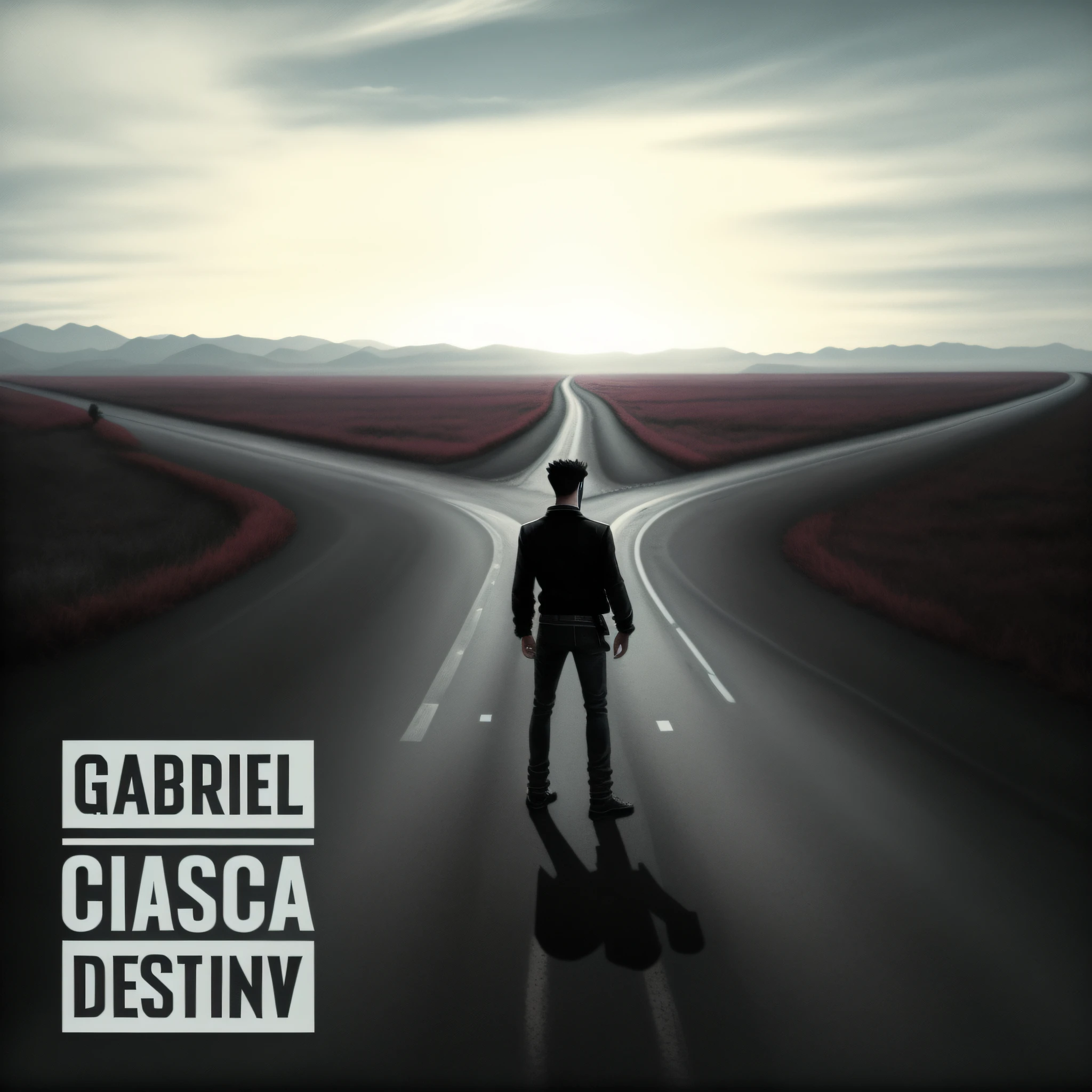 arafed image of a man standing on a road with a fork in the middle, destiny, album cover, promo art, new album cover, album cover!, album artwork, inspired by Giorgio Cavallon, official artwork, music album cover, by Gabriel Ba, album art, inspired by Gabriel Ba, inspired by Slava Raškaj, album art cover