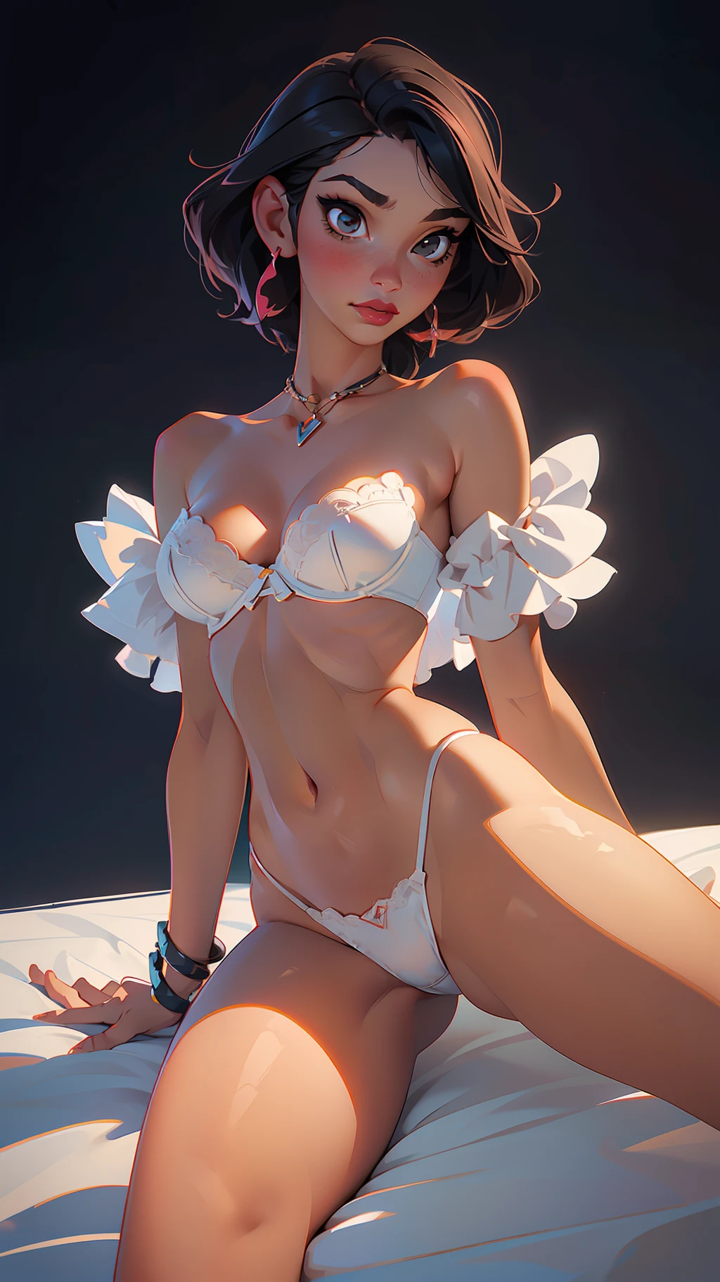 Bob black hair, (RAW photo, realism: 1.8), (anatomy: 0.5), (nfsw: 1.5), (bright lip gloss, jet red lipstick, lots of eyelashes, dark black eyeshadow, shy, blush, high quality, high resolution, depth of field, caustic, wide light, natural colors, woman 20 years, necklaces, chokers, earrings and bracelets, very soft large breasts, style A nice woman, sexier translucent panties, the bra is so small that the areola is protruding, the areola is large, the breasts are about to come out of the bra, the bra is about to burst, the translucent white shirt dropped on the shoulder, the breasts The shape of the is clearly visible, whole body, beautiful skin, beautiful legs, lots of exposure, very sexy body line, lewd body, sexy pose, sitting on the bed, spread legs, bare crotch, camel's paw, detailed hairy pubic anatomy, hard chest beak, looking at the viewer, pov from below,