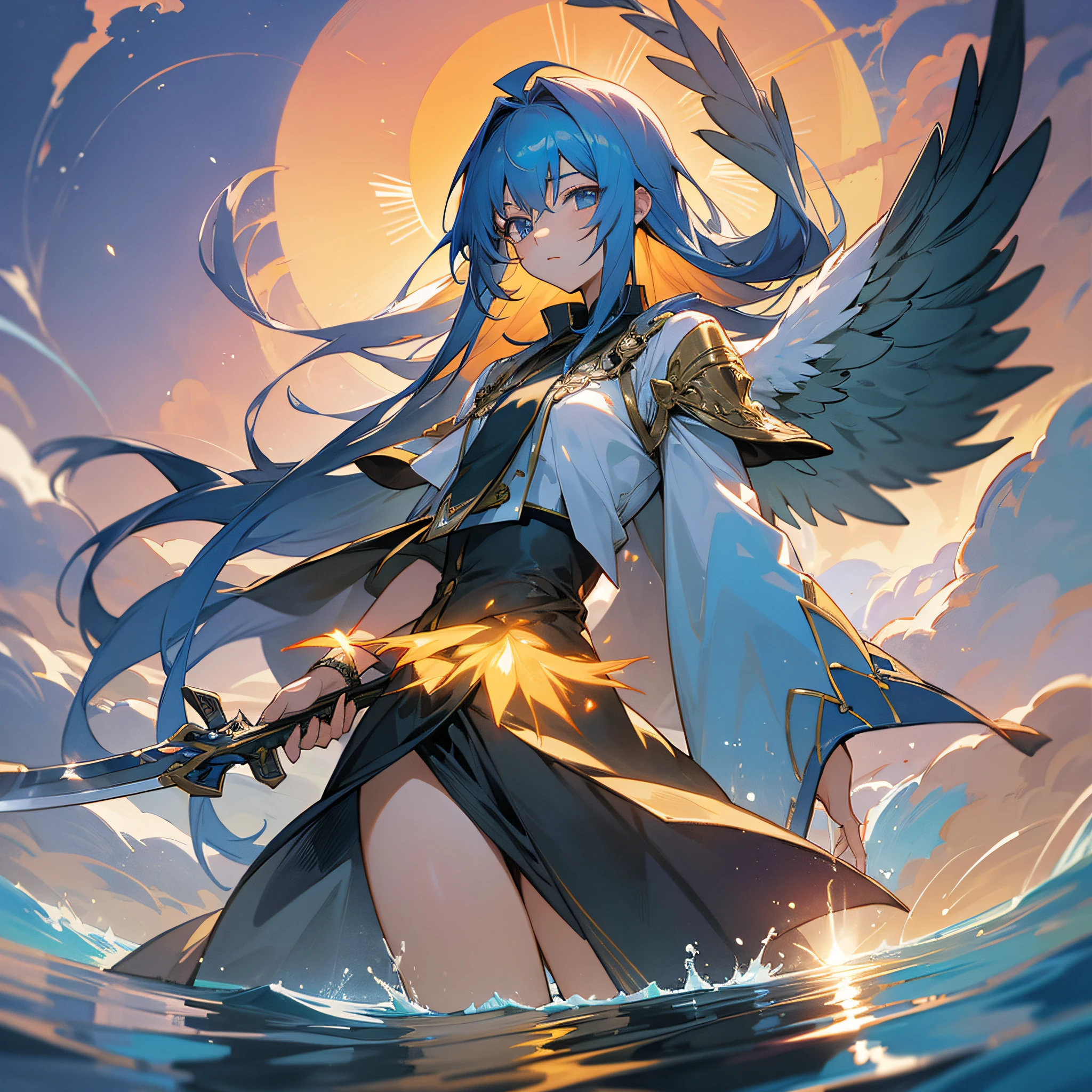In the sky, Spread your wings, A figure stands in front of the sun, water elements, One-handed sword, long hair, anime style, three sided view --auto --s2