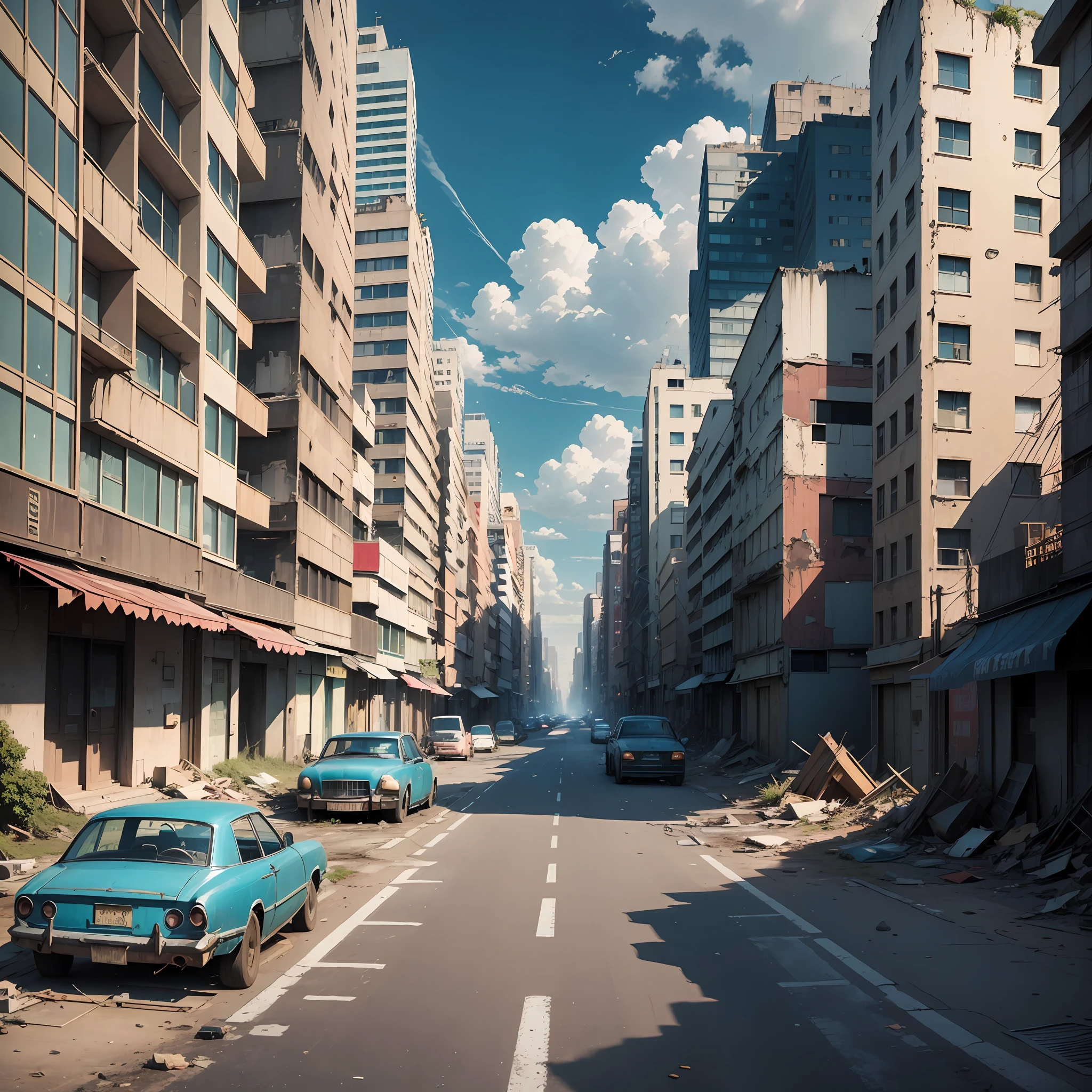 The city is dilapidated, From a corner of the city to the whole city, Gray-blue sky, Thick painting style, Dadaism, anime style, chiaroscuro, sparkle, anaglyph, vanishing point, Ultra-Wide Angle, Wide-Angle, masterpiece, UHD, high details, high quality --auto --s2