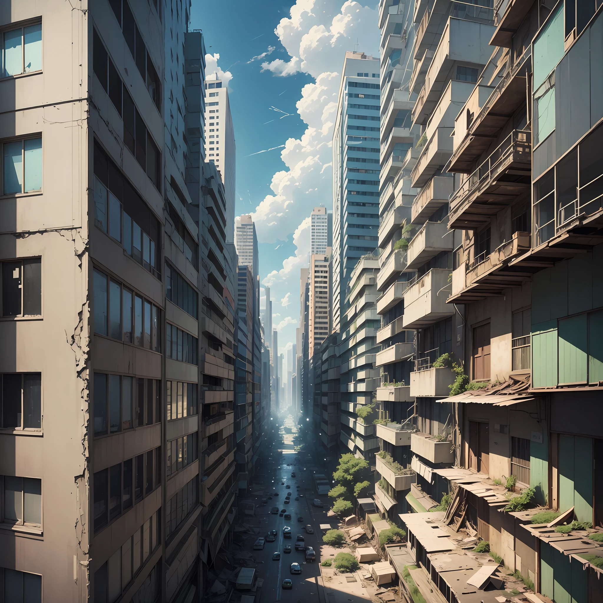 The city is dilapidated, From a corner of the city to the whole city, Gray-blue sky, Thick painting style, Dadaism, anime style, chiaroscuro, sparkle, anaglyph, vanishing point, Ultra-Wide Angle, Wide-Angle, masterpiece, UHD, high details, high quality --auto --s2