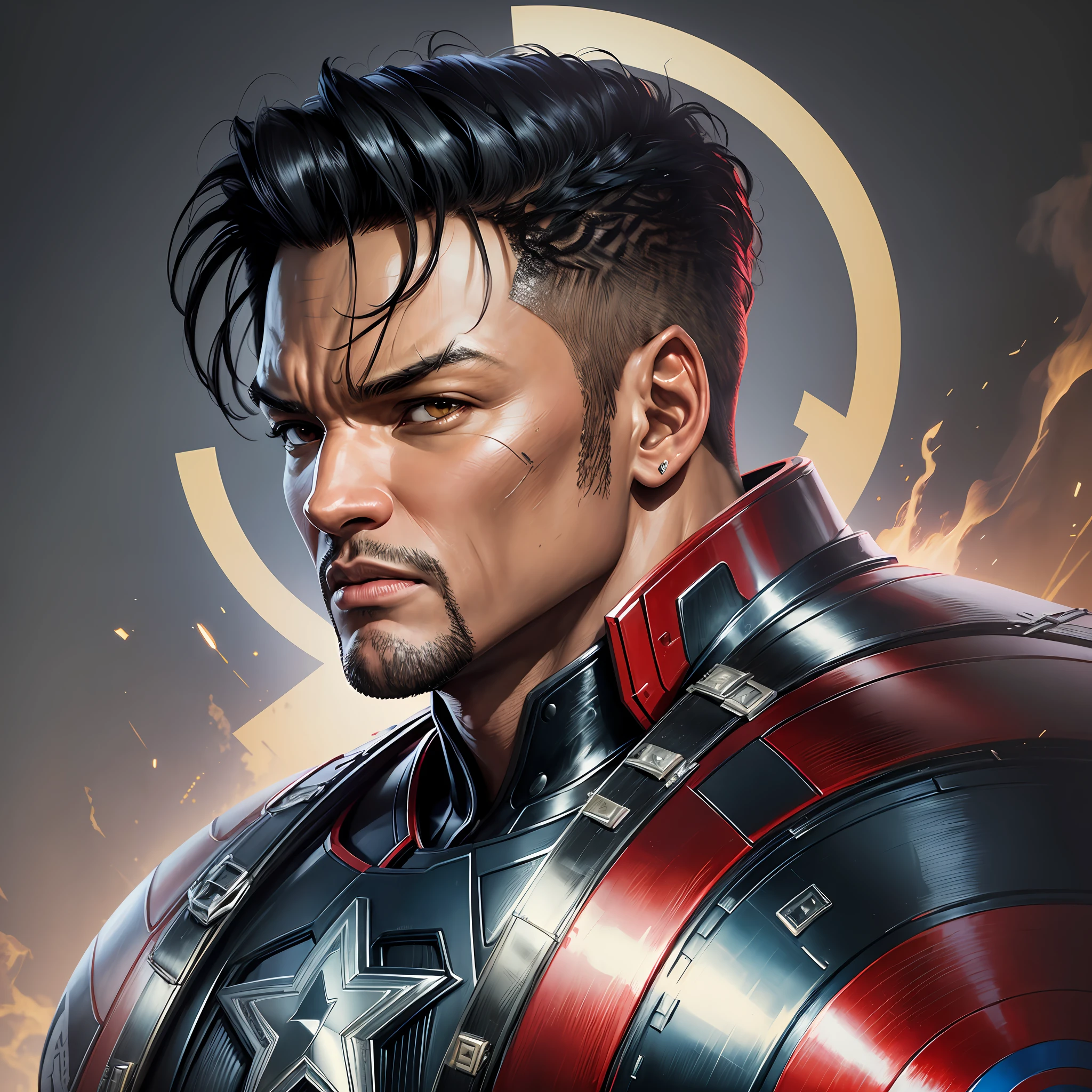8K, HD, Masterpiece丨 (Tarantino style and Marvel &DC style) Will Smith plays Captain America, facial details, eye texture, suit details, details super accurate + ultra-realistic + perfectionism + award-winning realism丨 + dynamic composition + cinematic shots + sharpening + superb lighting effects, moody lighting. --auto --s2