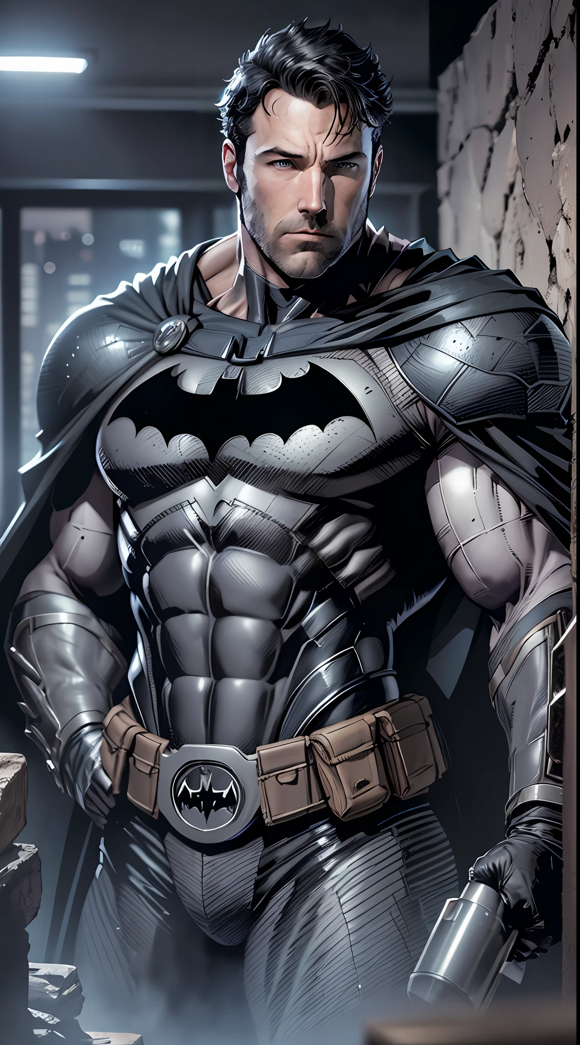 1 man, solo, Ben Affleck as Batman, tall, hunk, muscular, bulk, wide shoulder, photorealism, dark dirty grey suit, dark grey arms, ((no mask)), mask off, black hair, black gloves, best quality, masterpiece, high resolution:1.2, black cape, high detailed mask, high detailed suit, high detailed face, award winning, night time, a dark cave in the background, indoors