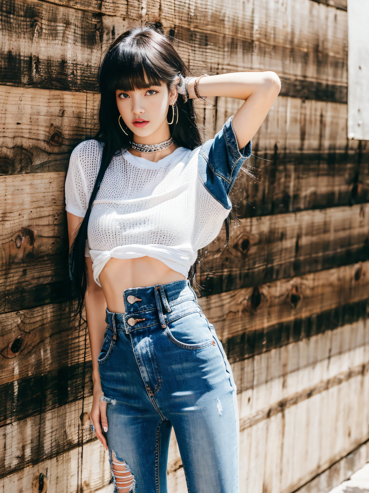 Lisa long hair, Lisa face shape, American retro sportswear, short tight slip T-shirt, digital print, long denim ripped pants, long legs, standing pose, masterpiece, superlative, realistic, HD, natural sunlight, 16k