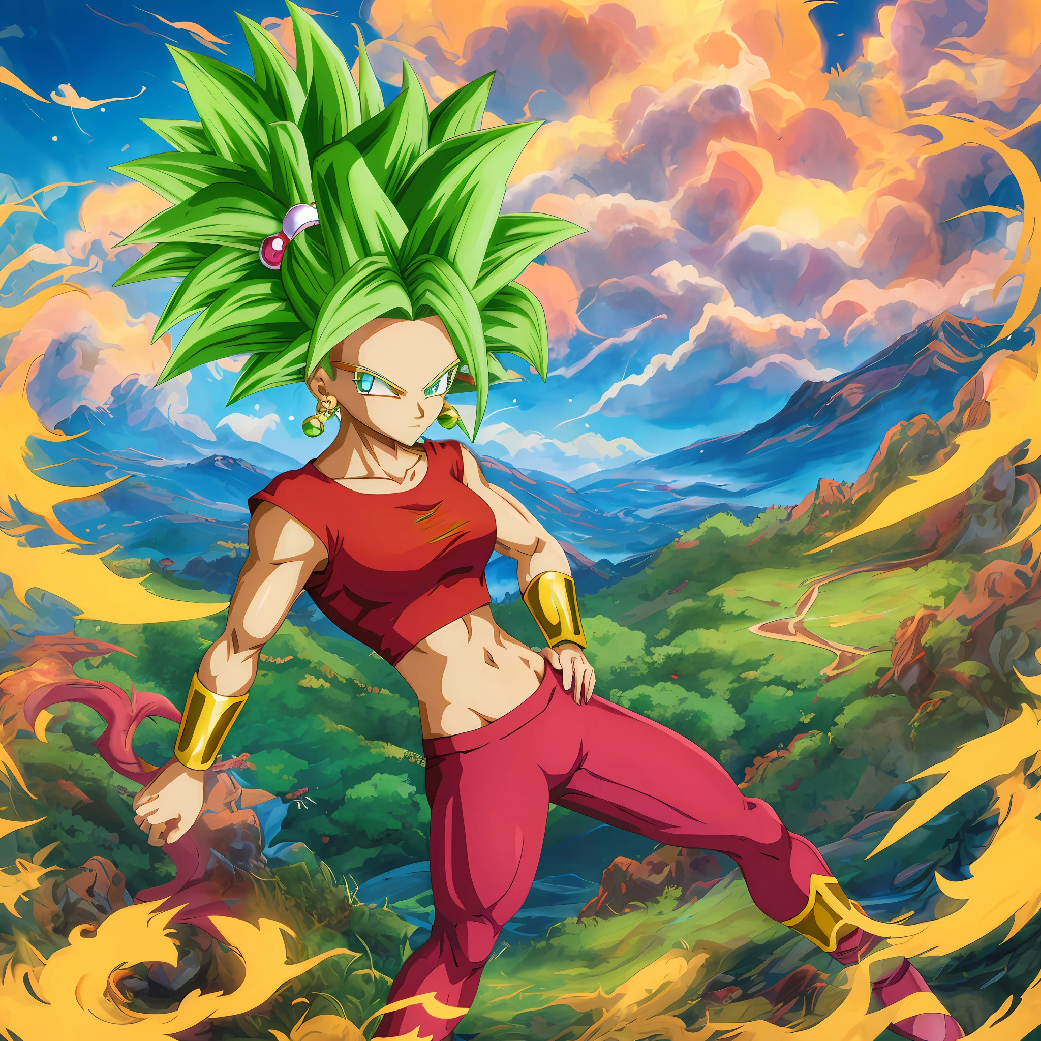 kefla super sayajin 2, dragon ball anime, alone, adult, woman, masterpiece, normal face, green hair, blue eyes, potara earrings, messy hair, detailed body, detailed hands, closed hands, detailed fingers, red t-shirt, neckline, red legging pants, powers, green aura, ultra-detailed, solar lighting, muscular, (sit-ups), green earrings, golden bracelets, red yoga bra, outdoor, sky,  Clouds, legs spread, looking at the viewer, [from below:0.9],, hands on hips, smug, smile, smile, Toriyama Akira, thick thighs