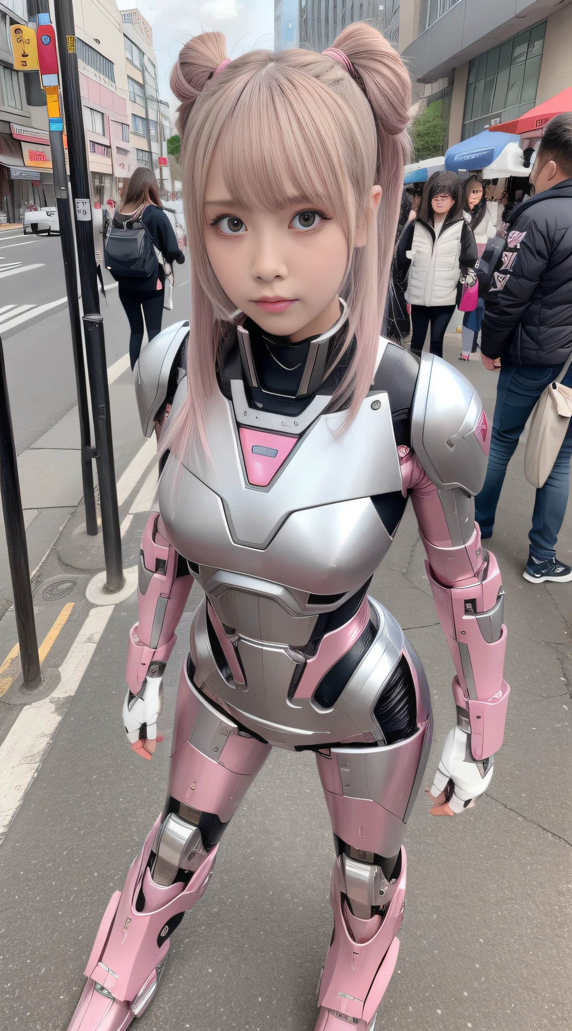 Mecha Girl, Pink, Silver, Metallic, Robot Parts, Metal Parts, Super Detailed Face, Super Well-Groomed Face, Best Quality, Small Face, Full Body, Standing, Black Hair, Thin, Camera Gaze, Internal Mecha Exposure, Idol, Live Action,, 8 Heads, Gravure, Photo Session, Akihabara, Moe, Frontal, Model Body Type, Sad, Embarrassing