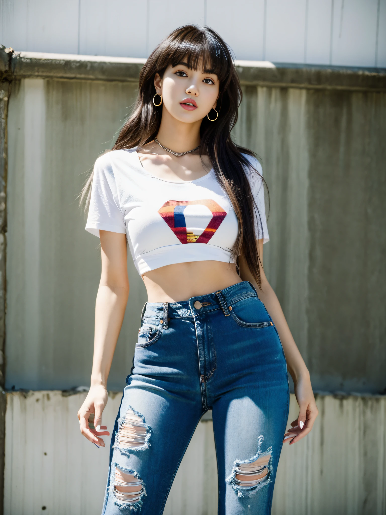 Lisa long hair, Lisa face shape, American retro sportswear, short tight slip T-shirt, digital print, long denim ripped pants, long legs, standing pose, masterpiece, superlative, realistic, HD, natural sunlight, 16k