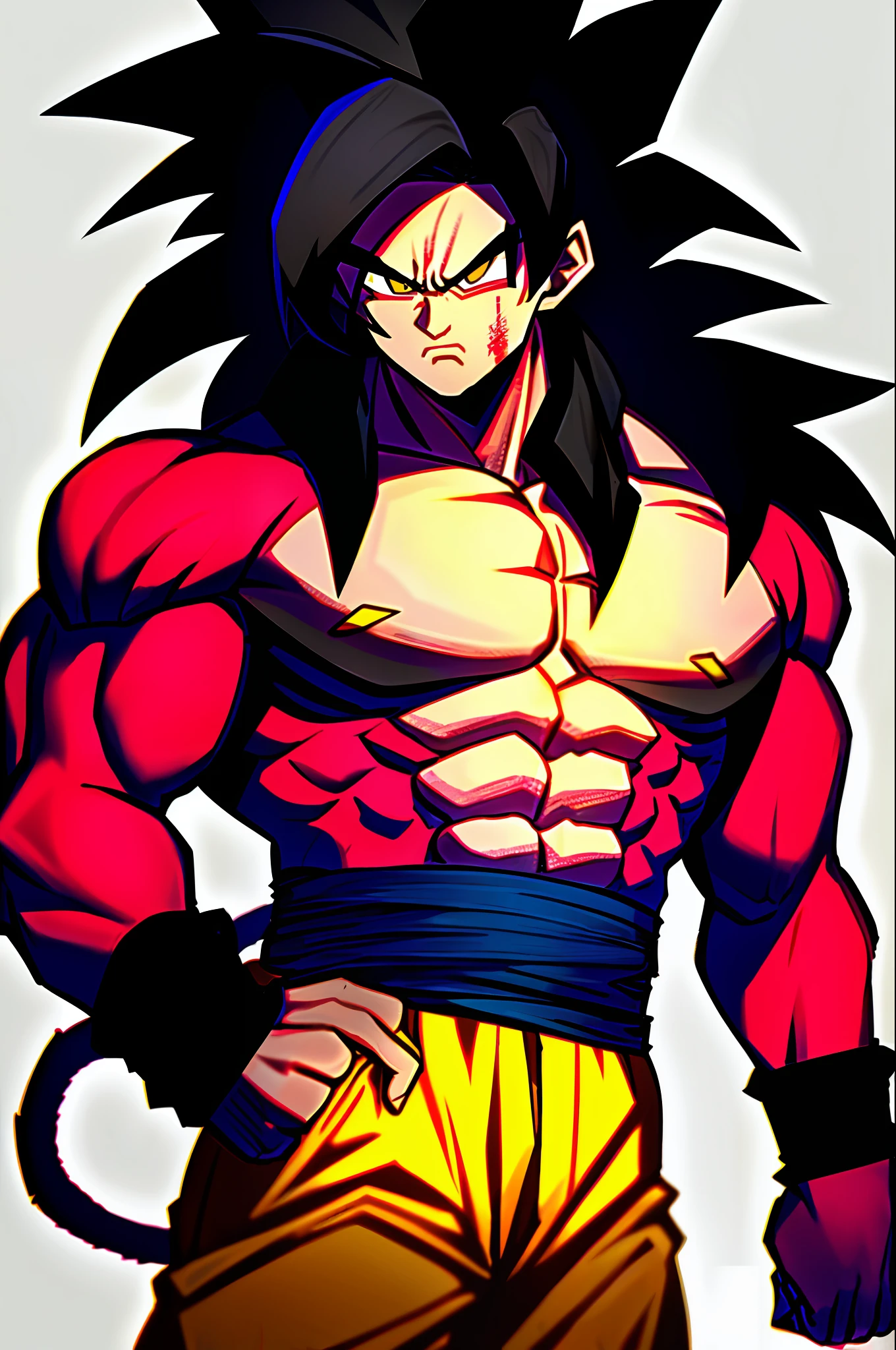 son goku, 1boy, arms at sides, artist name, baggy pants, biceps, black hair, blood, blood from mouth, blue sash, blue wristband, blurry, blurry background, body fur, closed mouth, collarbone, frown, long hair, looking away, looking to the side, male focus, monkey tail, muscular, muscular male, pants, pectorals, red fur, sash, scratches, serious, simple background, solo, spiked hair, standing, super saiyan, super saiyan 4, tail, torn clothes, twitter username, v-shaped eyebrows, wristband, yellow eyes, yellow pants, ((masterpiece))